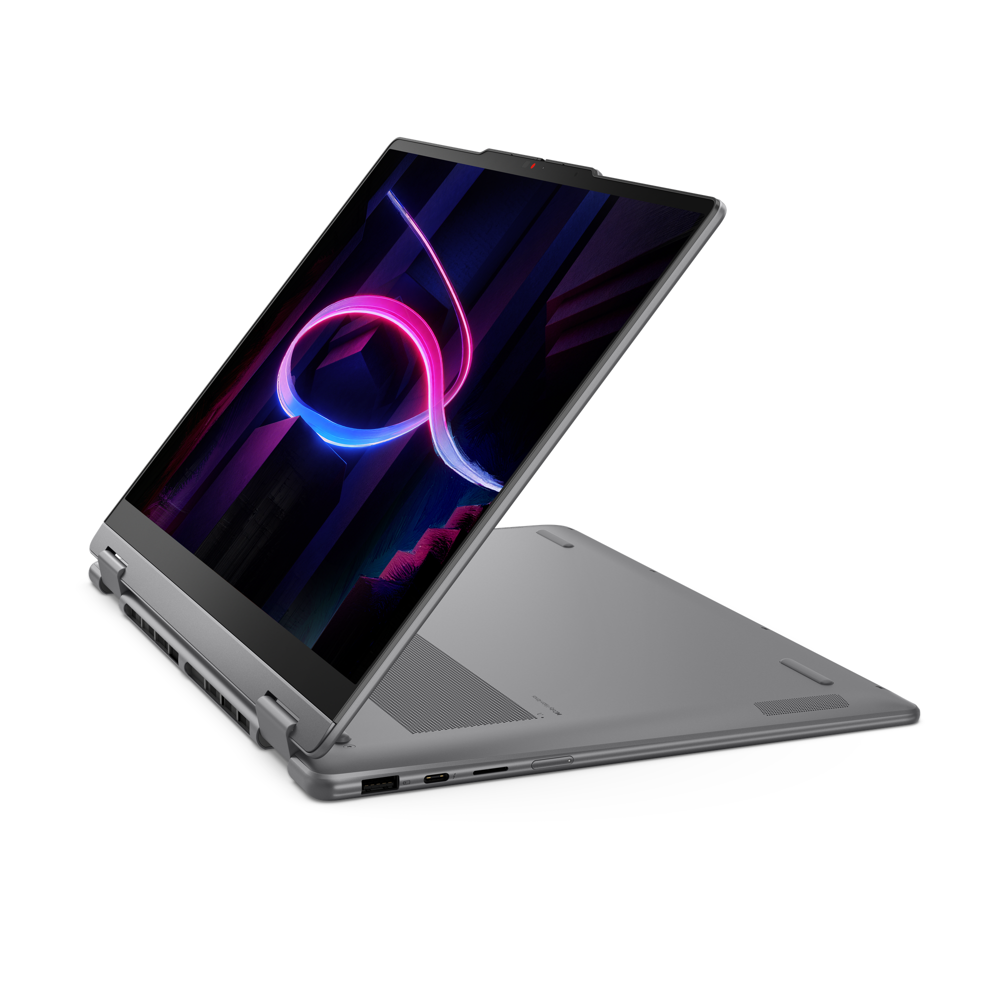 Ein silberner Laptop mit geöffnetem Bildschirm, der ein abstraktes neonfarbenes Design anzeigt.