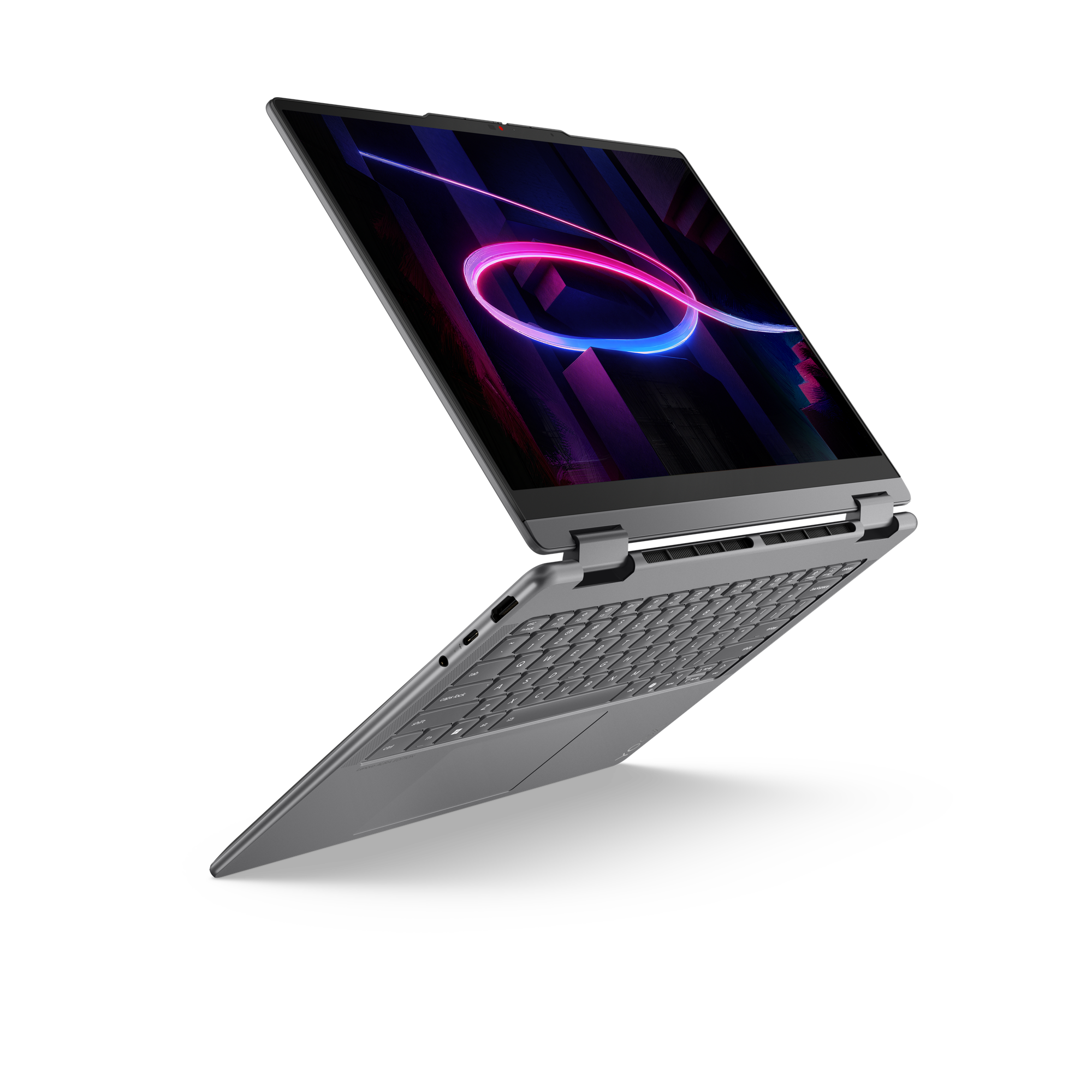 Ein offenes graues Notebook mit einem abstrakten, neonfarbenen Hintergrund.