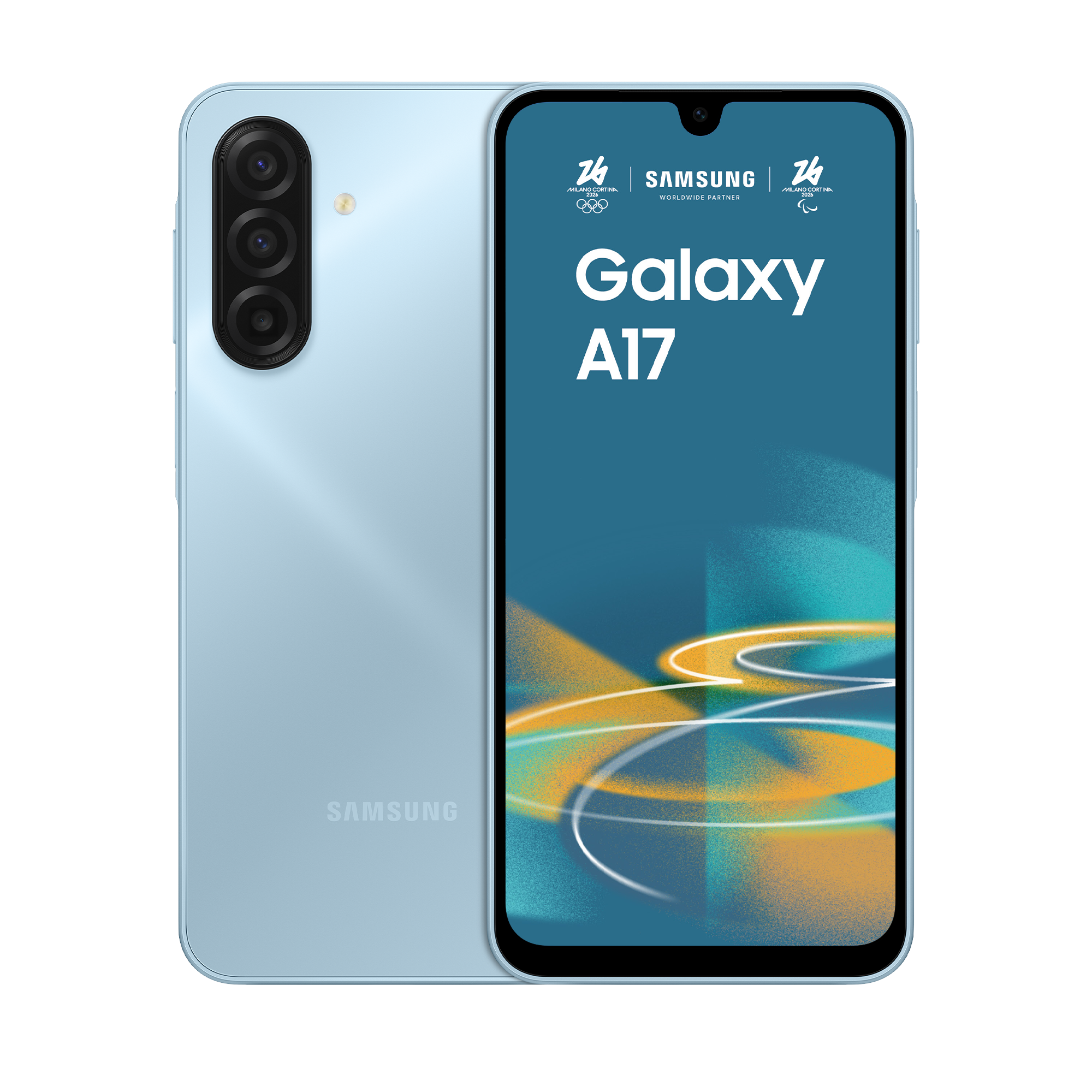 Jasnoniebieski smartfon Samsung Galaxy A17, pokazany z przodu i z tyłu, z logo olimpijskim.