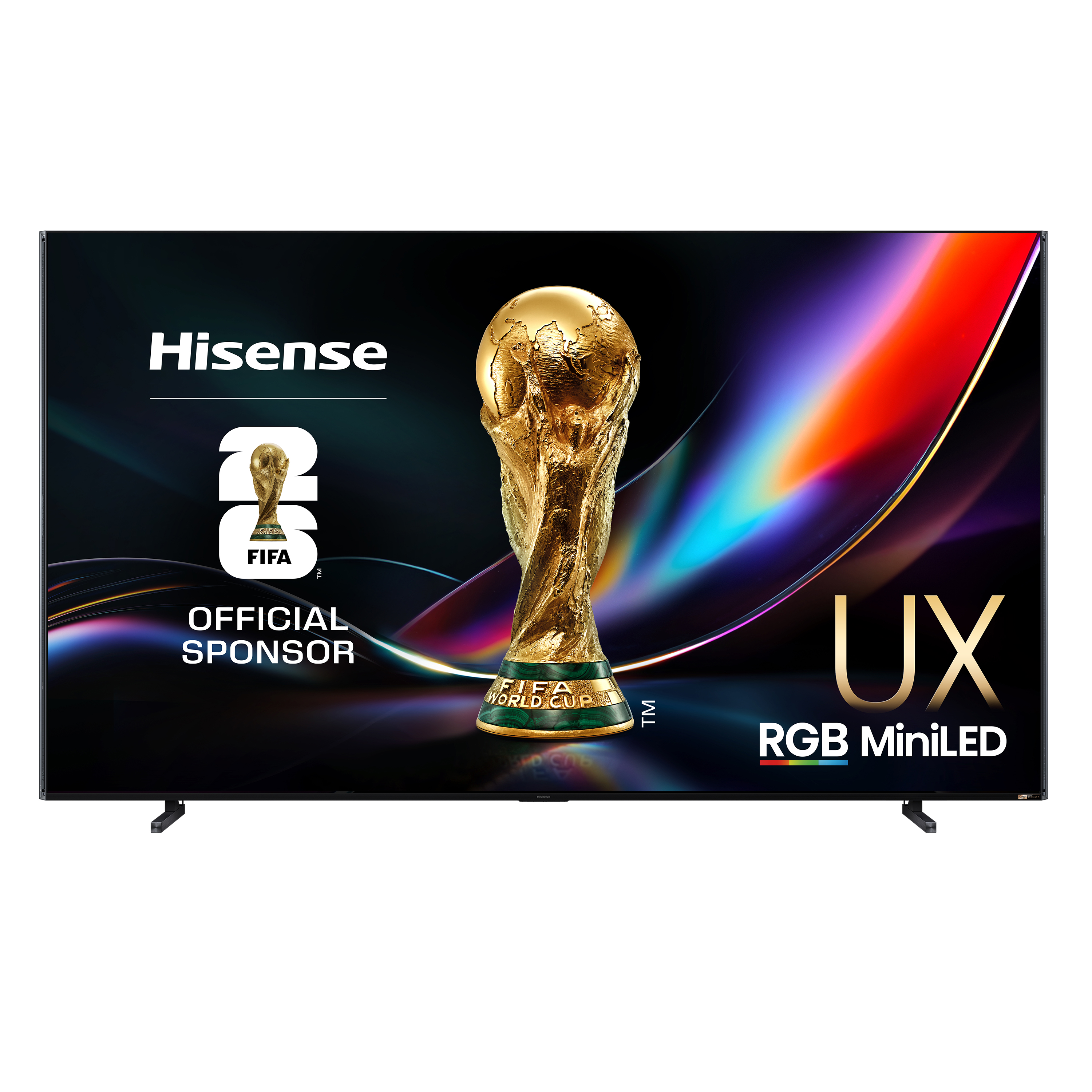 Hisense Fernseher mit FIFA WM-Pokal und 'UX RGB MiniLED'-Logo.