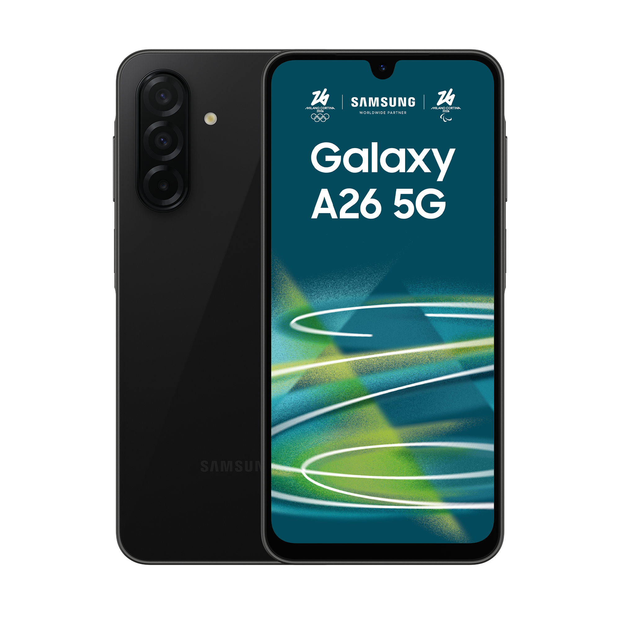 Czarny smartfon Samsung Galaxy A26 5G z potrójnym aparatem, logo Partnera Olimpijskiego.