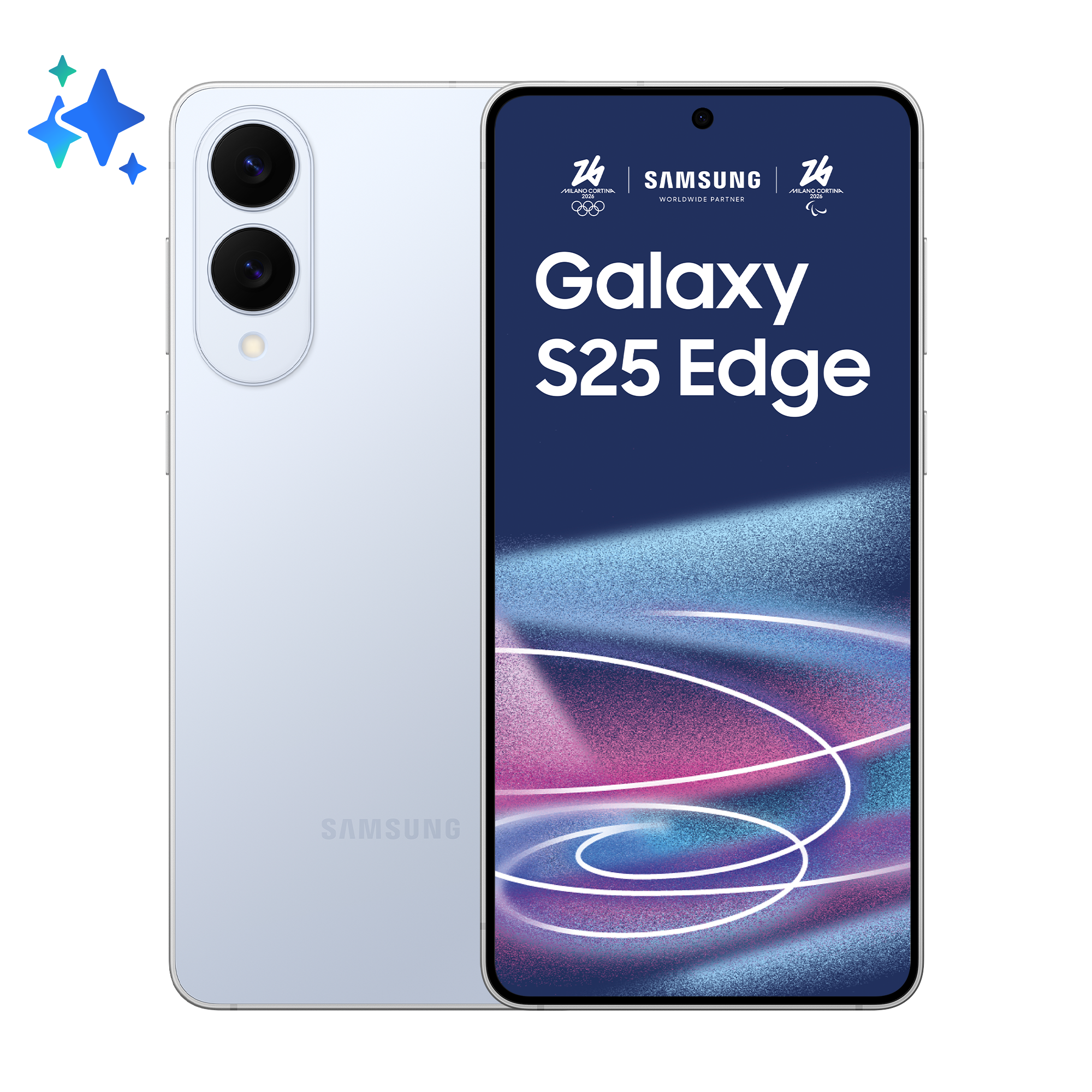 Jasnoniebieski smartfon Samsung Galaxy S25 Edge z logo olimpijskim.