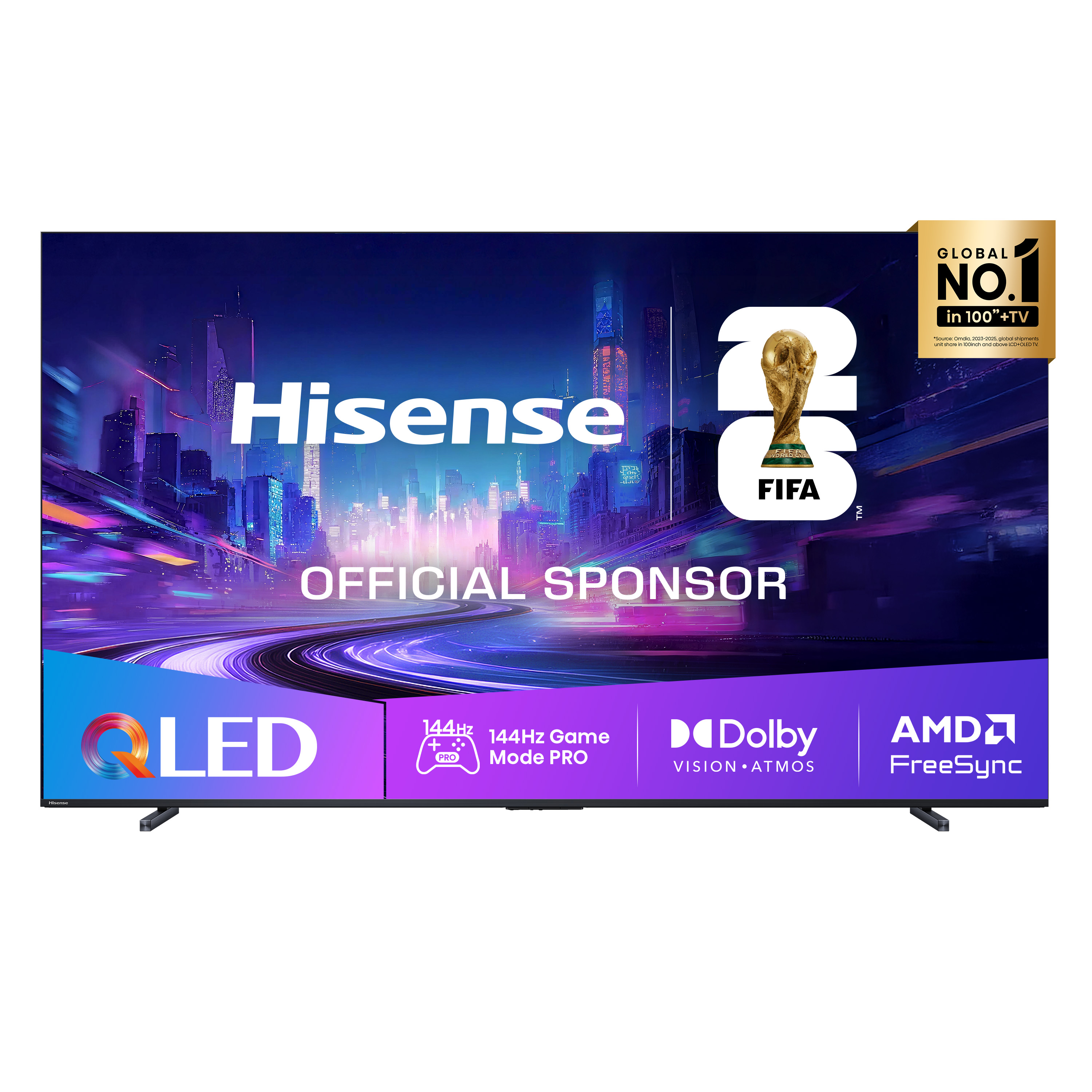 Telewizor Hisense QLED z logo FIFA, 'Global No.1' i AMD FreeSync.