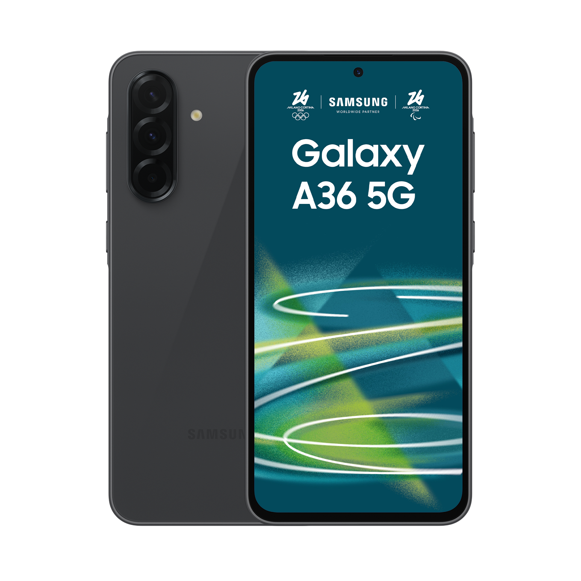 Szary Samsung Galaxy A36 5G z aparatem i logo Milano Cortina 2026.