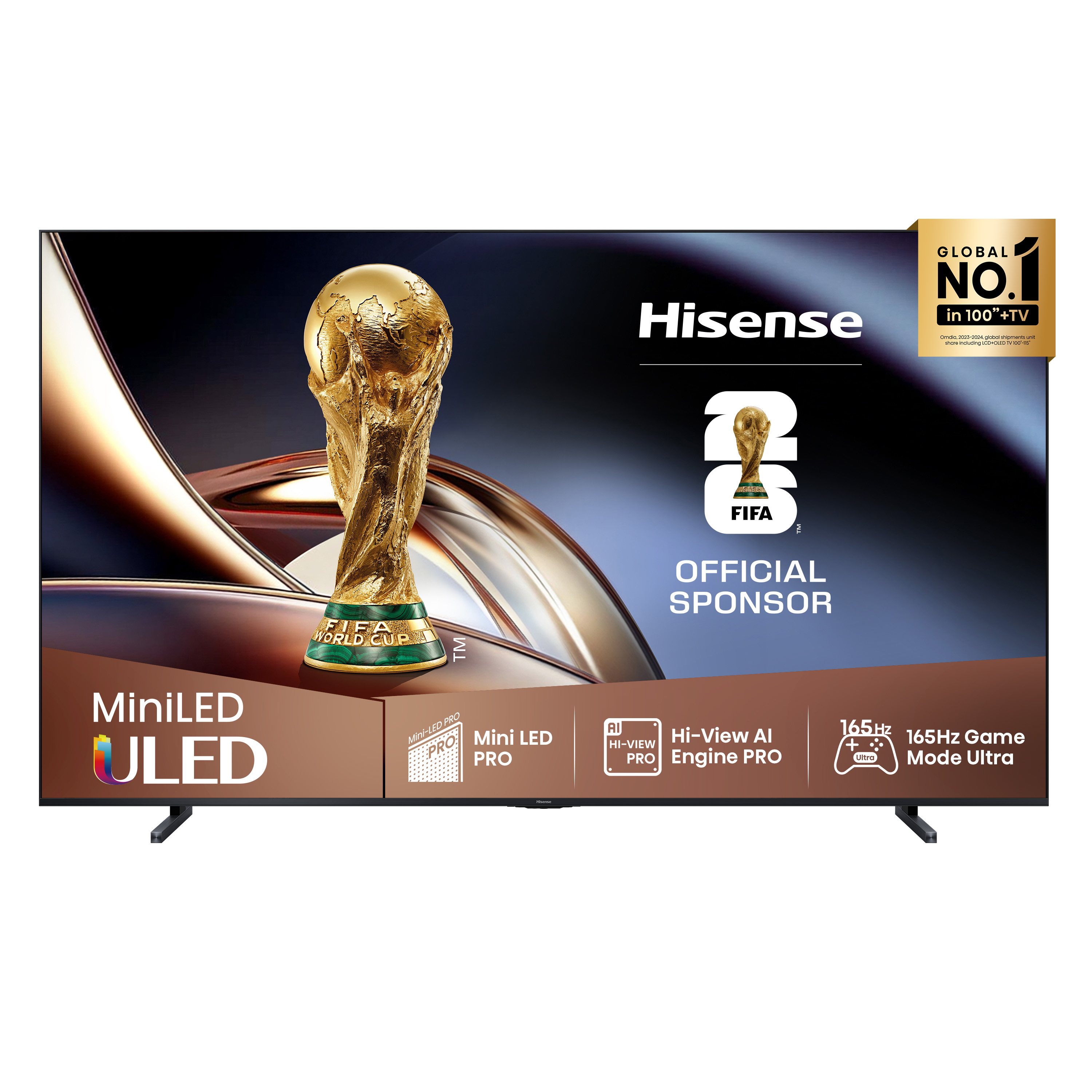 Telewizor Hisense MiniLED ULED z pucharem Mistrzostw Świata FIFA, logo Global No.1 i napisem Official Sponsor.