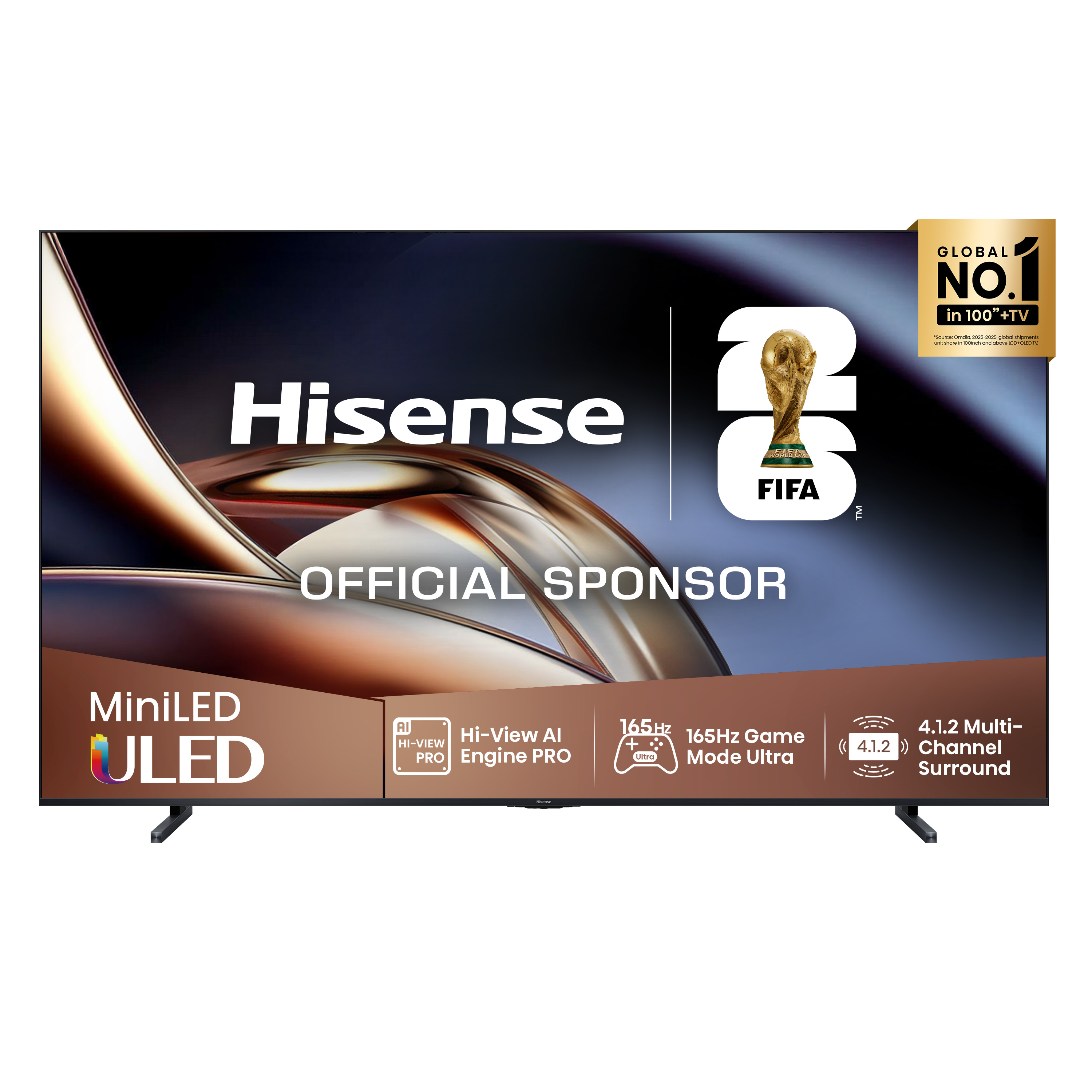 Telewizor Hisense MiniLED ULED z logo FIFA, pieczęcią Global No. 1 i specyfikacją gamingową.