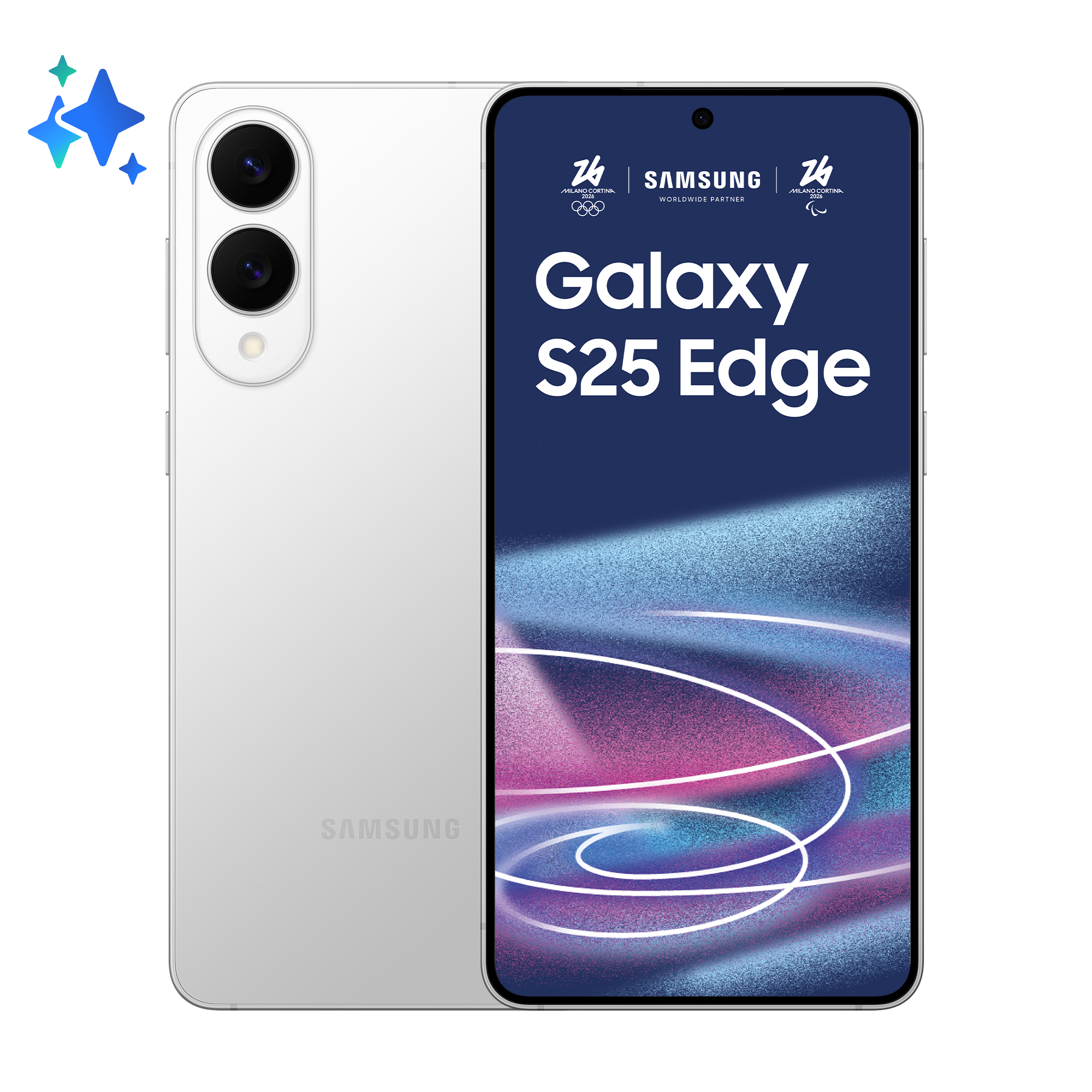Biały Samsung Galaxy S25 Edge z pierścieniami olimpijskimi i gwiazdami.