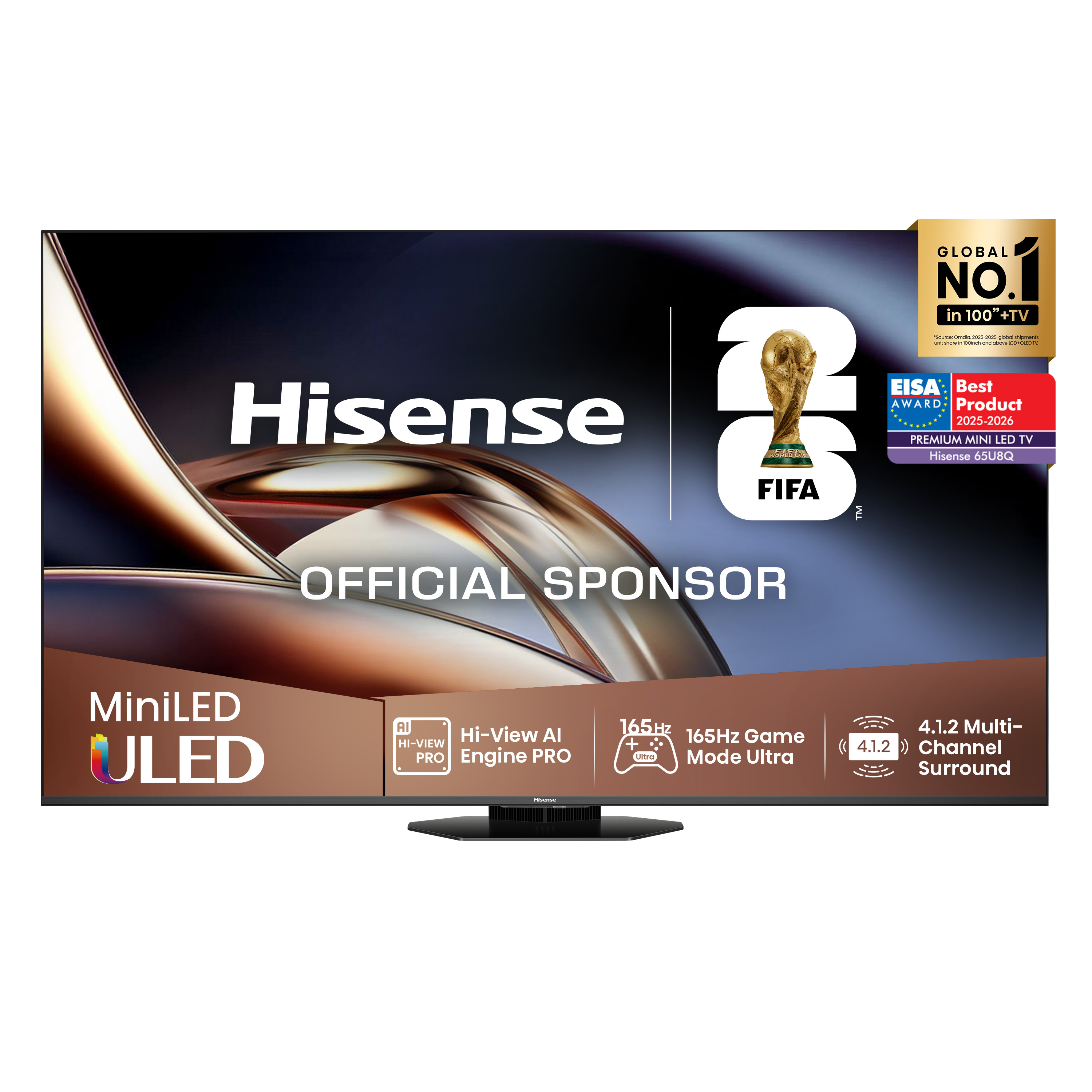 Telewizor Hisense z logo FIFA, pucharem świata, nagrodą EISA i specyfikacją 165Hz.