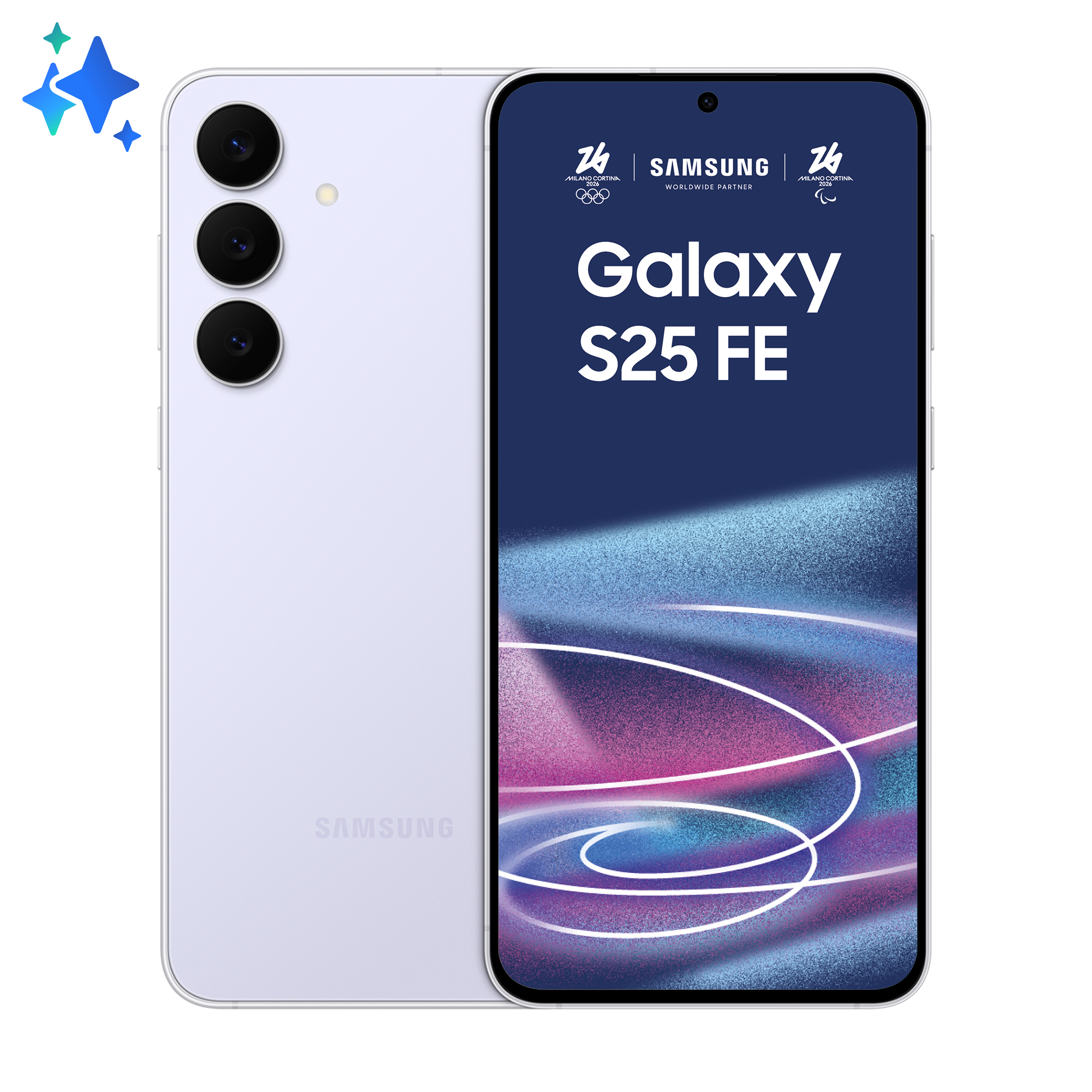 Fioletowy telefon Samsung Galaxy S25 FE z trzema aparatami i logo Milano Cortina 2026.