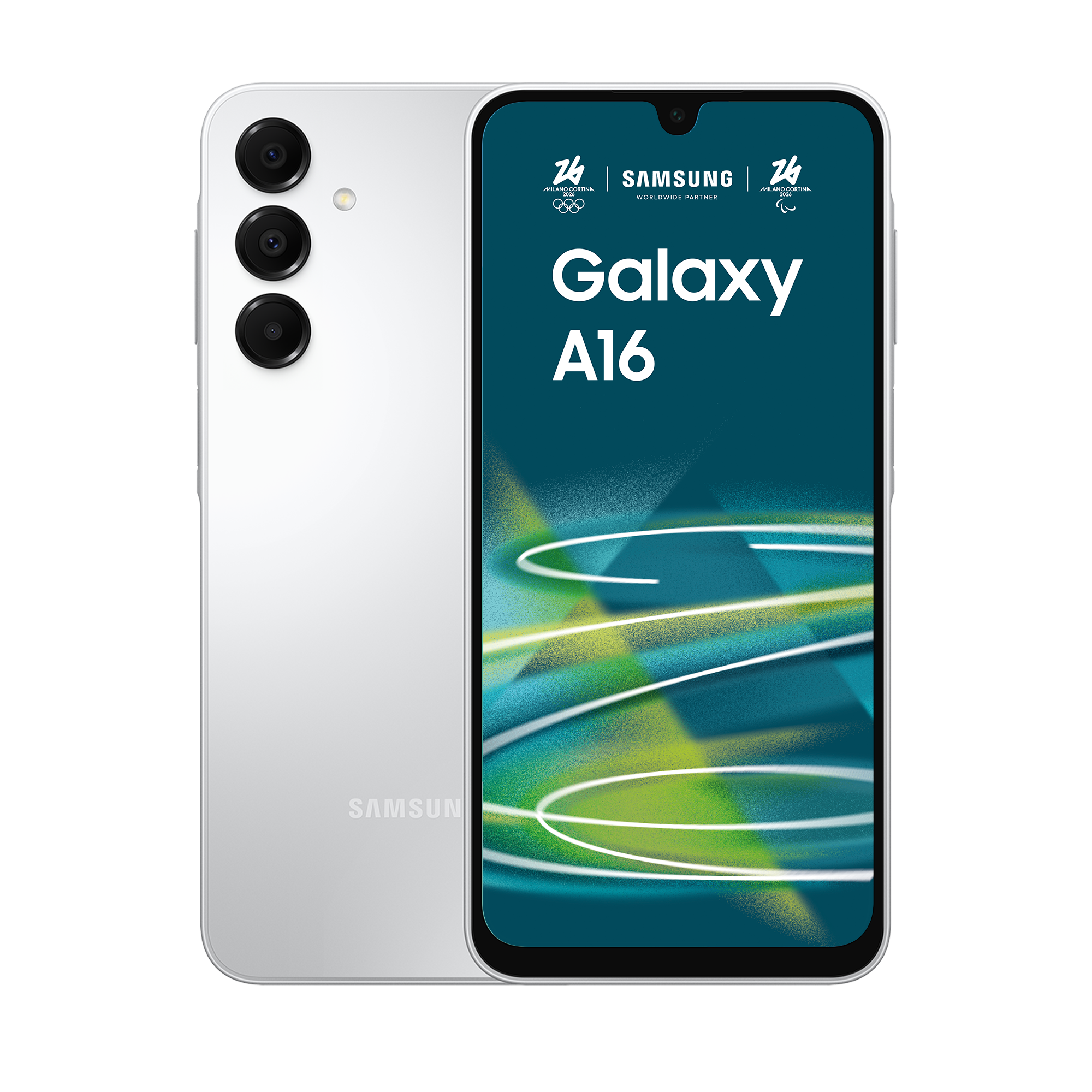 Biały smartfon Samsung Galaxy A16 z potrójnym aparatem z tyłu.