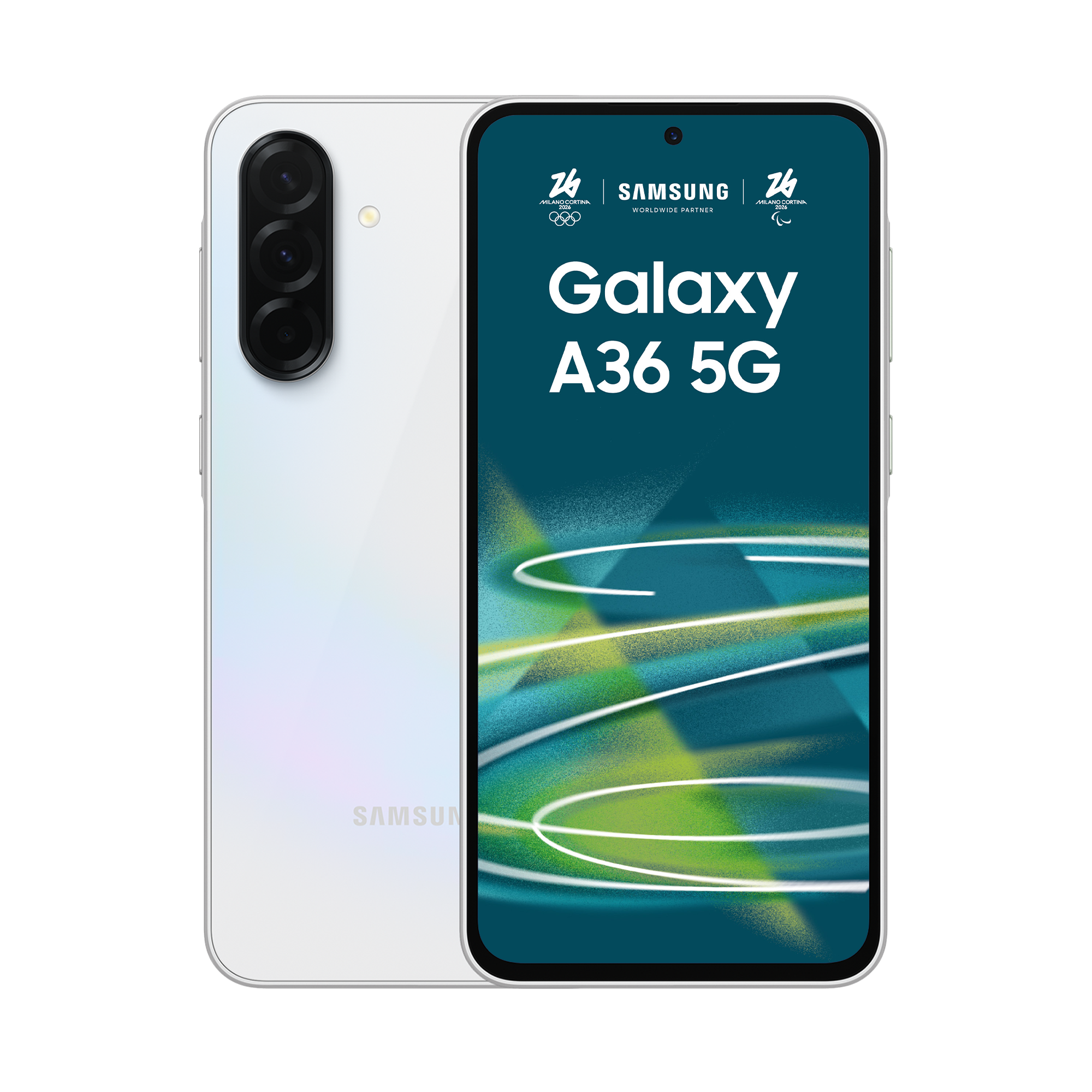 Biały Samsung Galaxy A36 5G z logo olimpijskim na ciemnym tle.