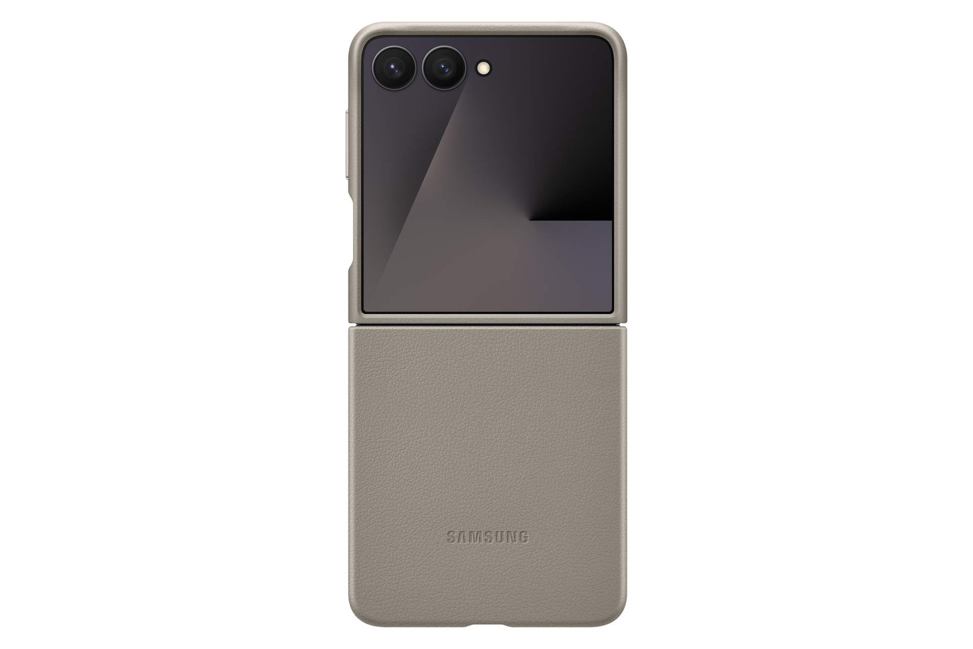 Beżowy telefon składany z dwoma aparatami i logo Samsung.