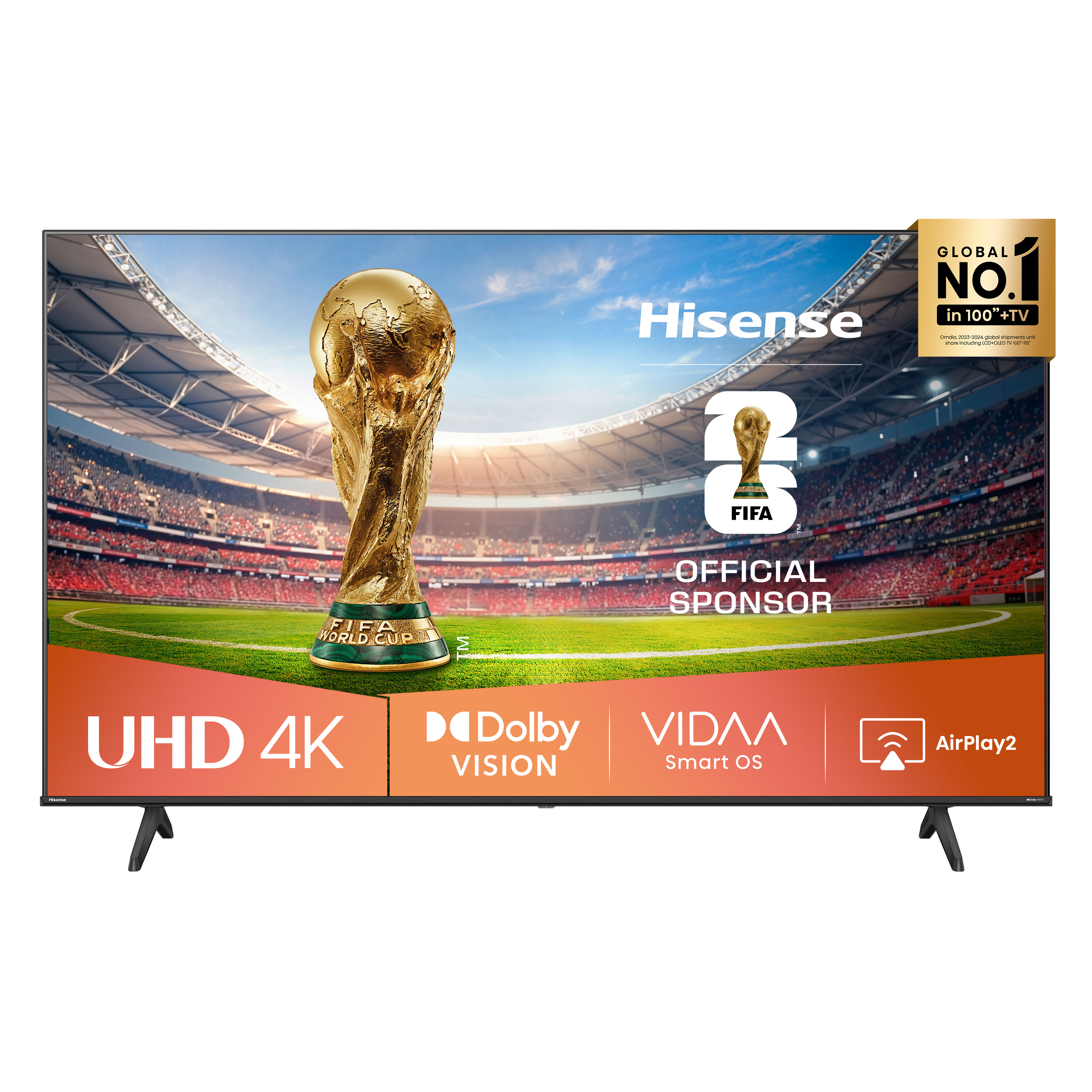 Telewizor Hisense UHD 4K wyświetla trofeum Mistrzostw Świata FIFA na tle stadionu.
