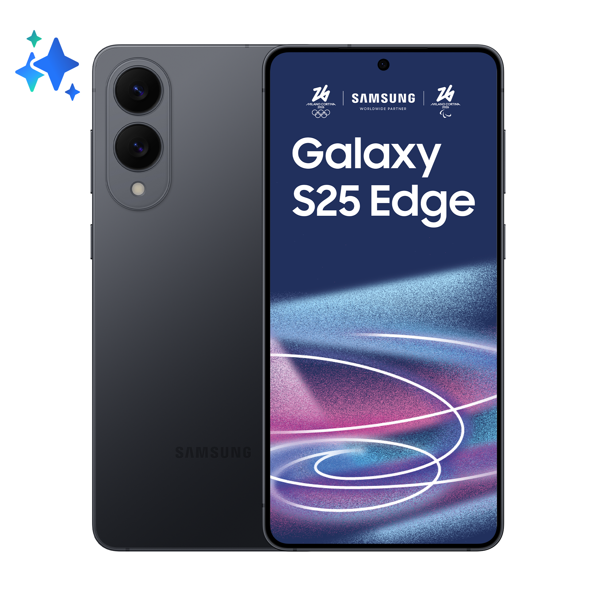 Ciemny smartfon z dwoma tylnymi aparatami i ekranem wyświetlającym 'Galaxy S25 Edge'.