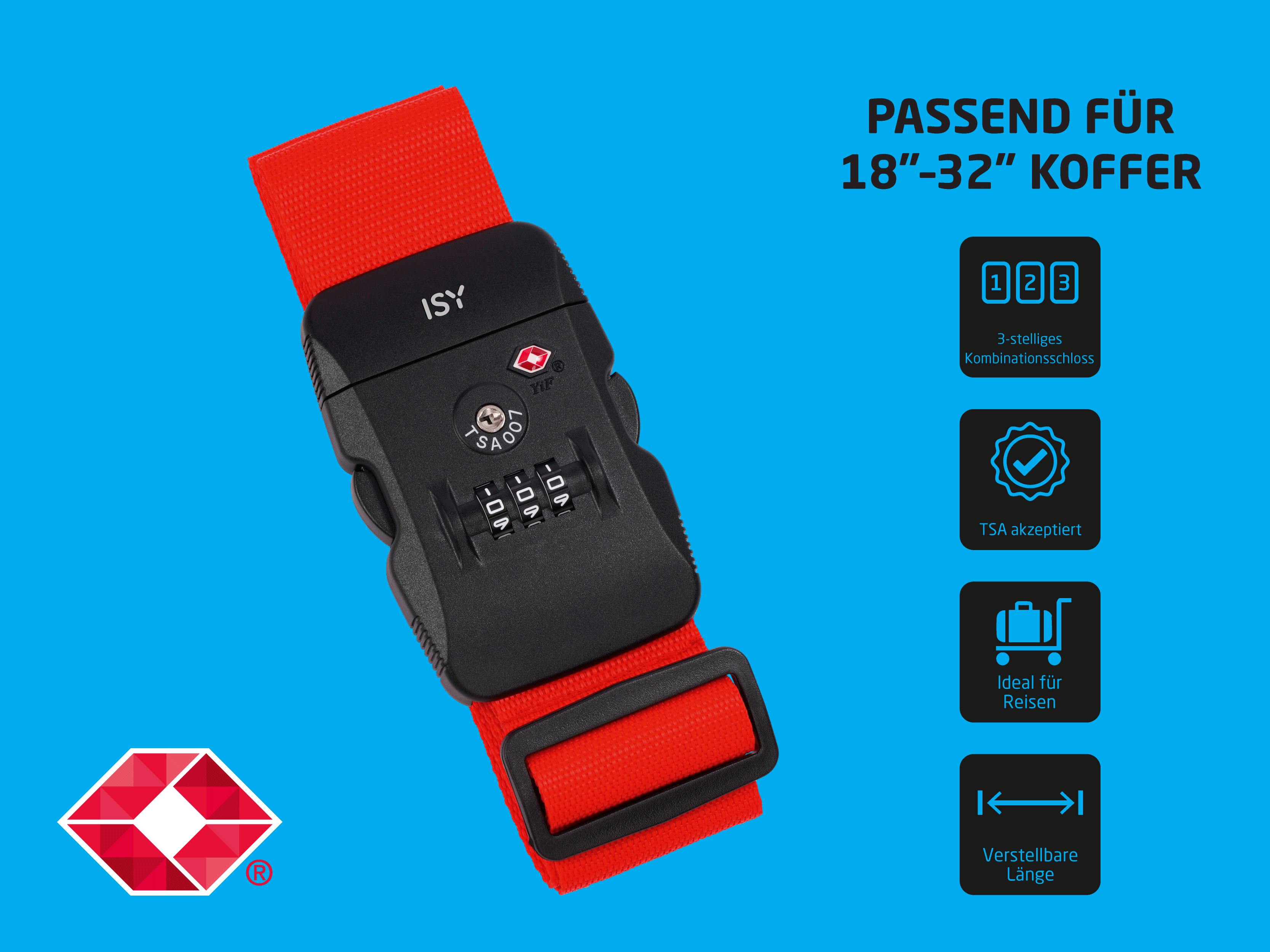 Rotes Gepäckband mit TSA-Schloss, passend für Koffer 18-32 Zoll.