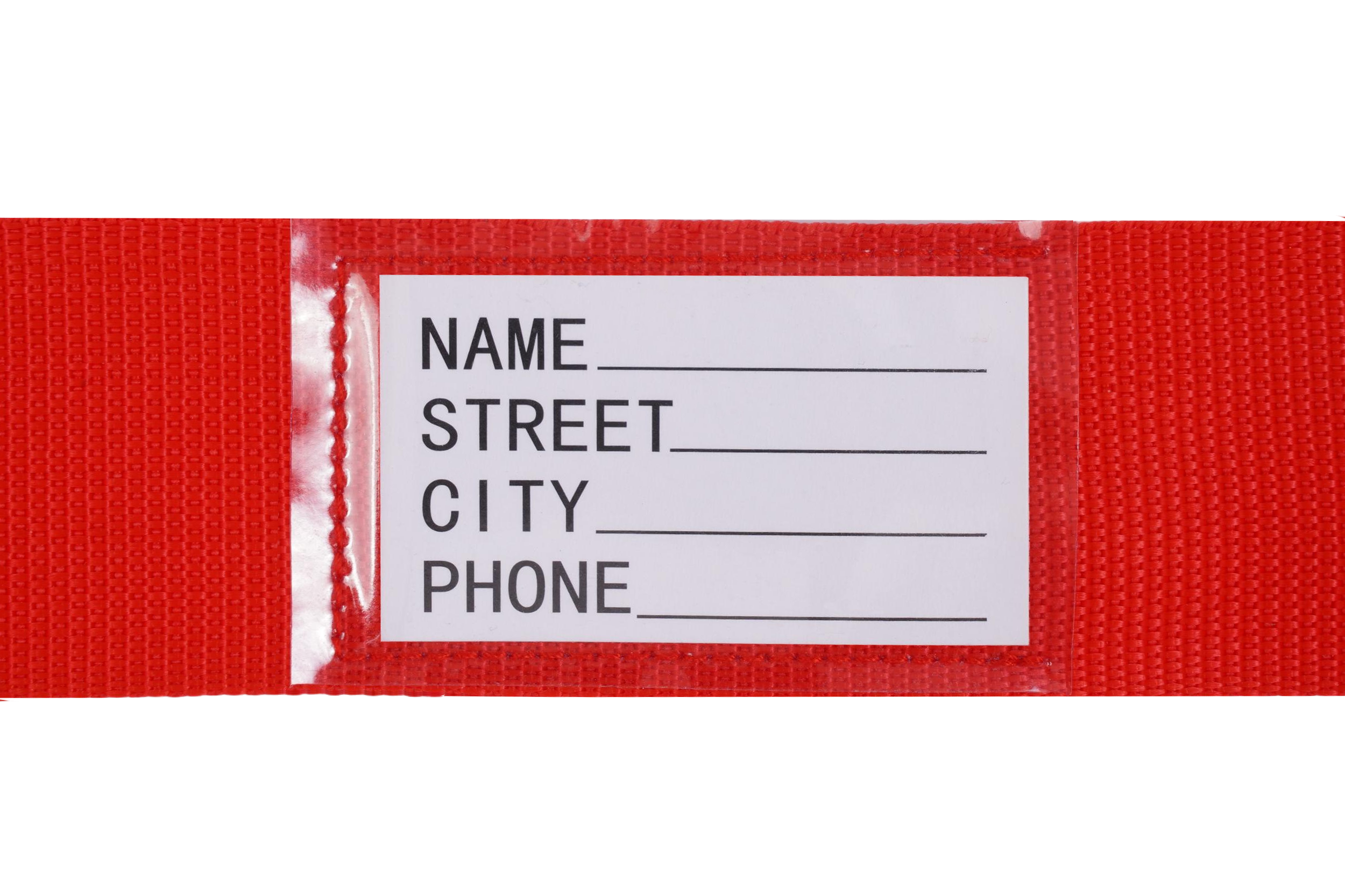 Rotes Gepäckband mit einem weißen Namensschild für Name, Straße, Stadt, Telefon.
