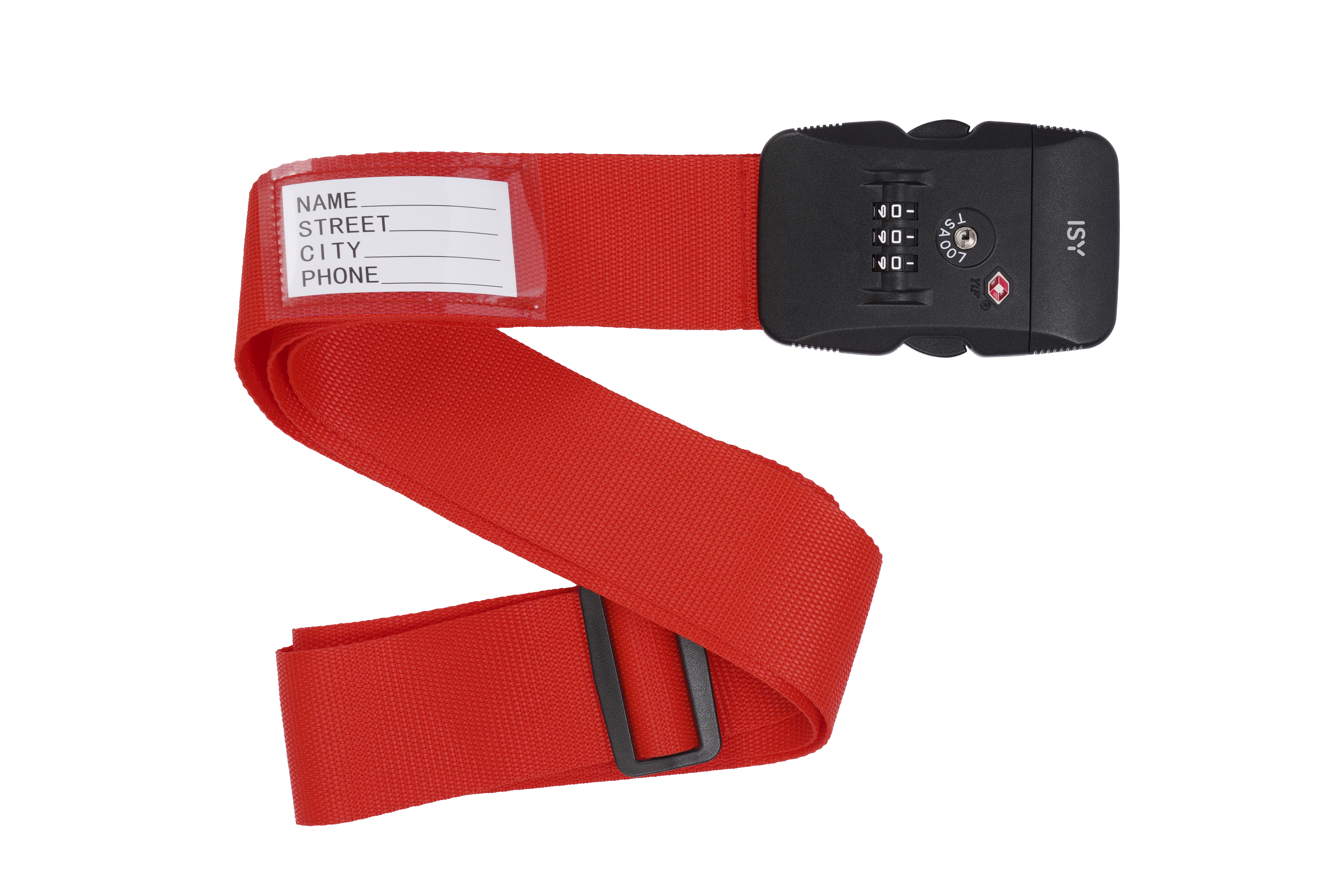 Ein rotes Gepäckband mit schwarzem Zahlenschloss und Adressfeld.