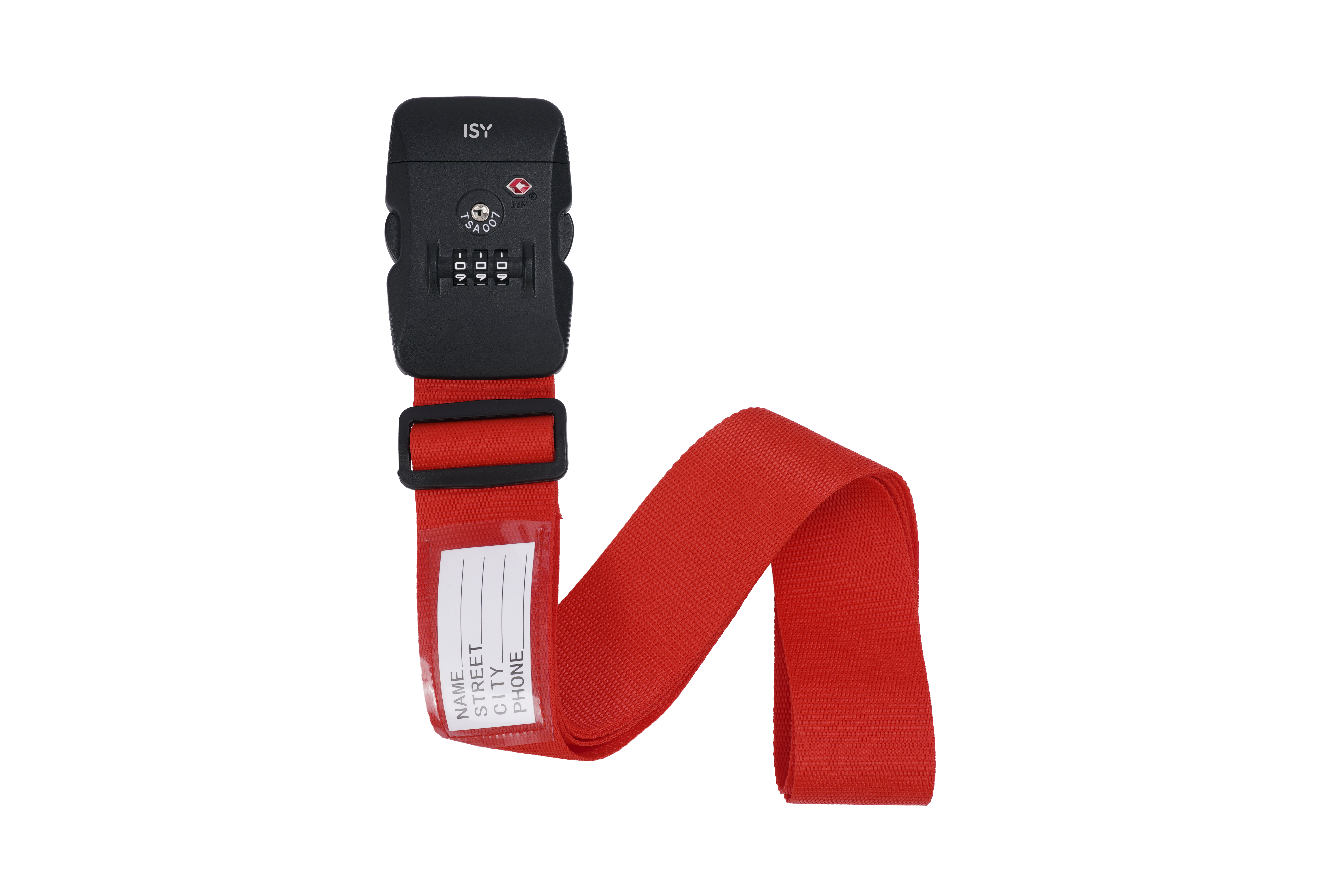 Rotes Gepäckband mit schwarzem TSA-Schloss und Adressanhänger.
