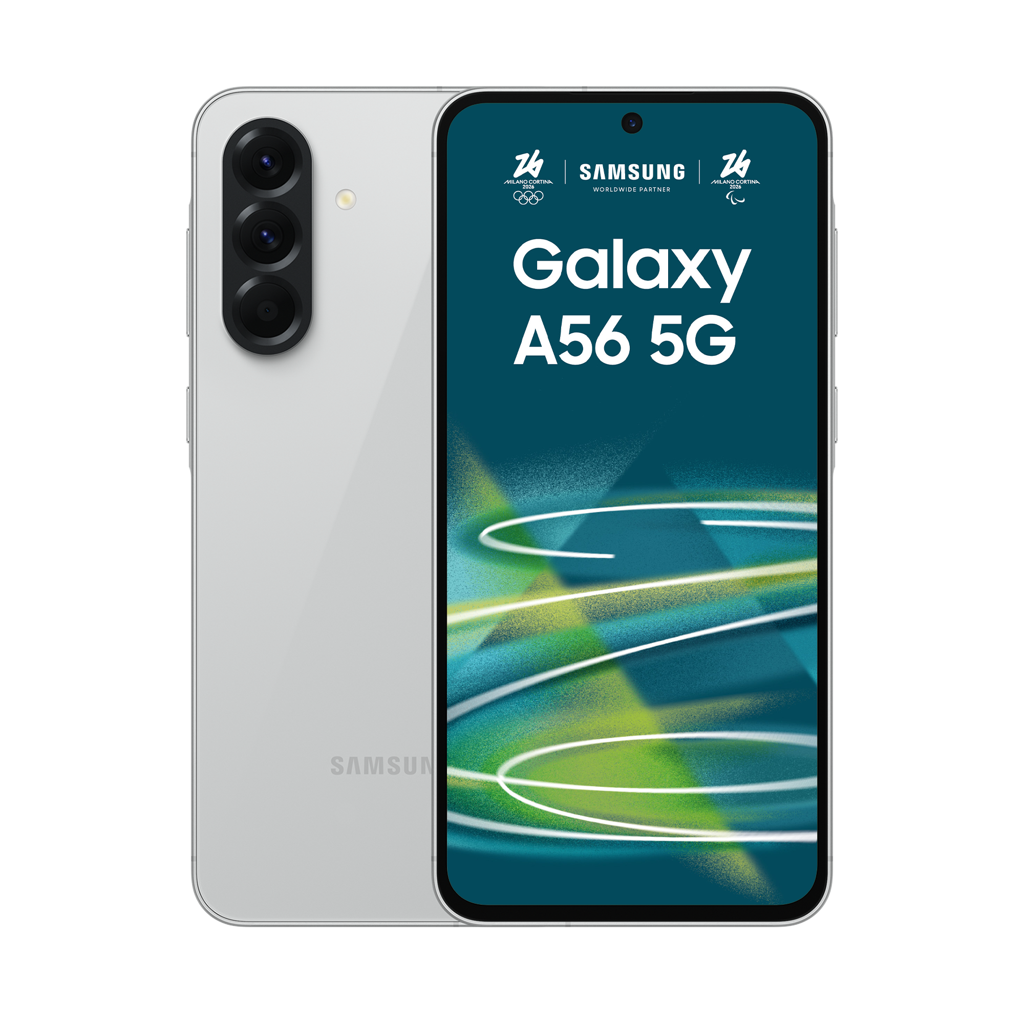 Srebrny smartfon Samsung Galaxy A56 5G z trzema tylnymi aparatami.