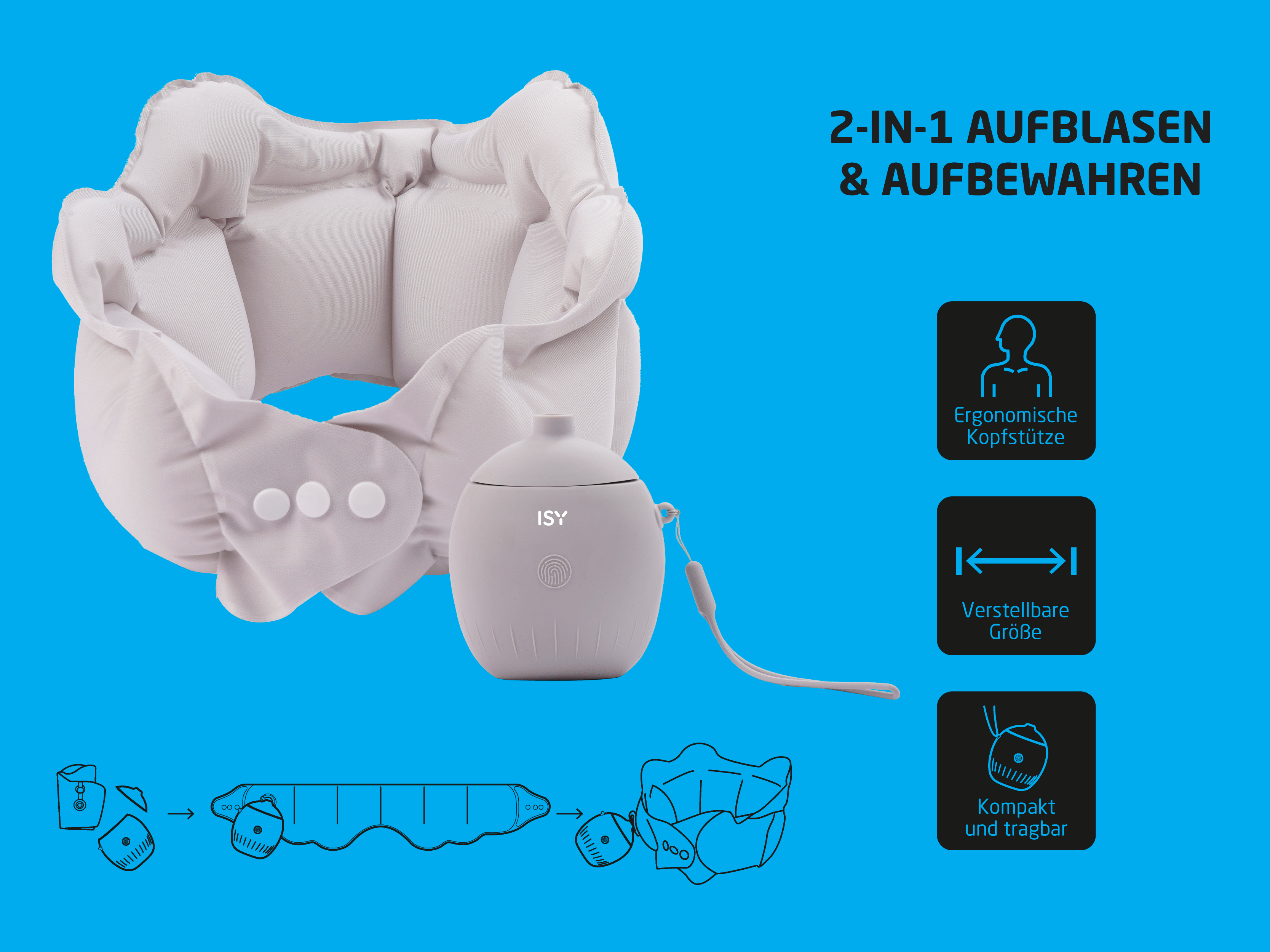 Aufblasbares Nackenkissen mit Pumpe, verstellbar und kompakt.