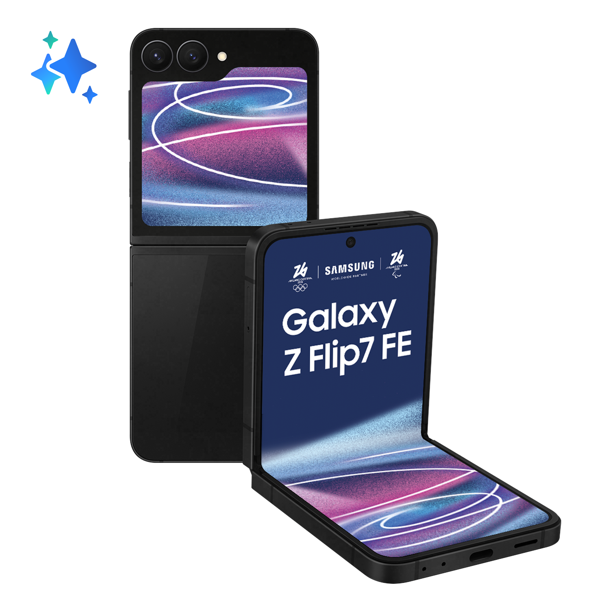 Czarny telefon Samsung Galaxy Z Flip7 FE, pokazany złożony i rozłożony.