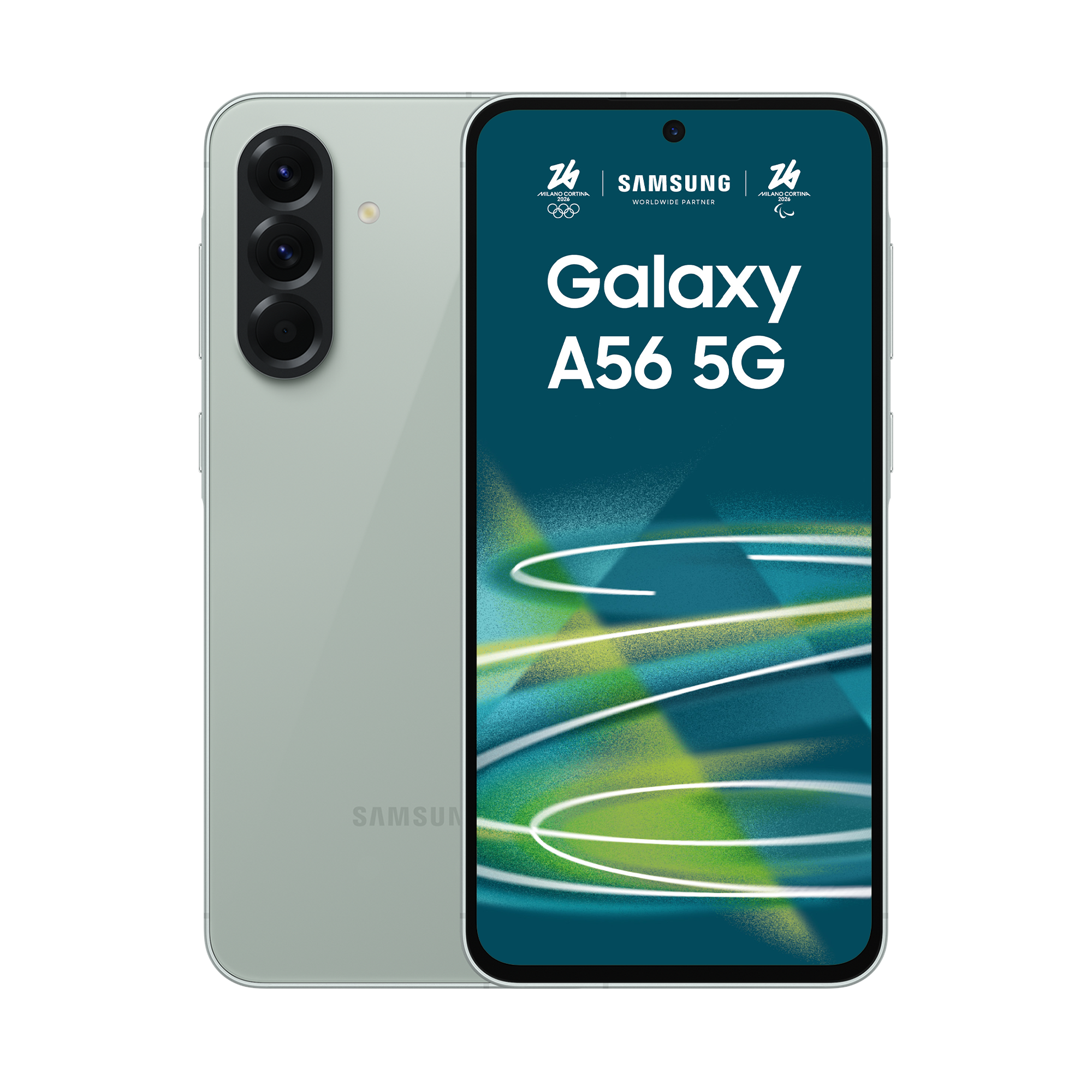 Jasnozielony smartfon Samsung Galaxy A56 5G z potrójnym aparatem z tyłu.