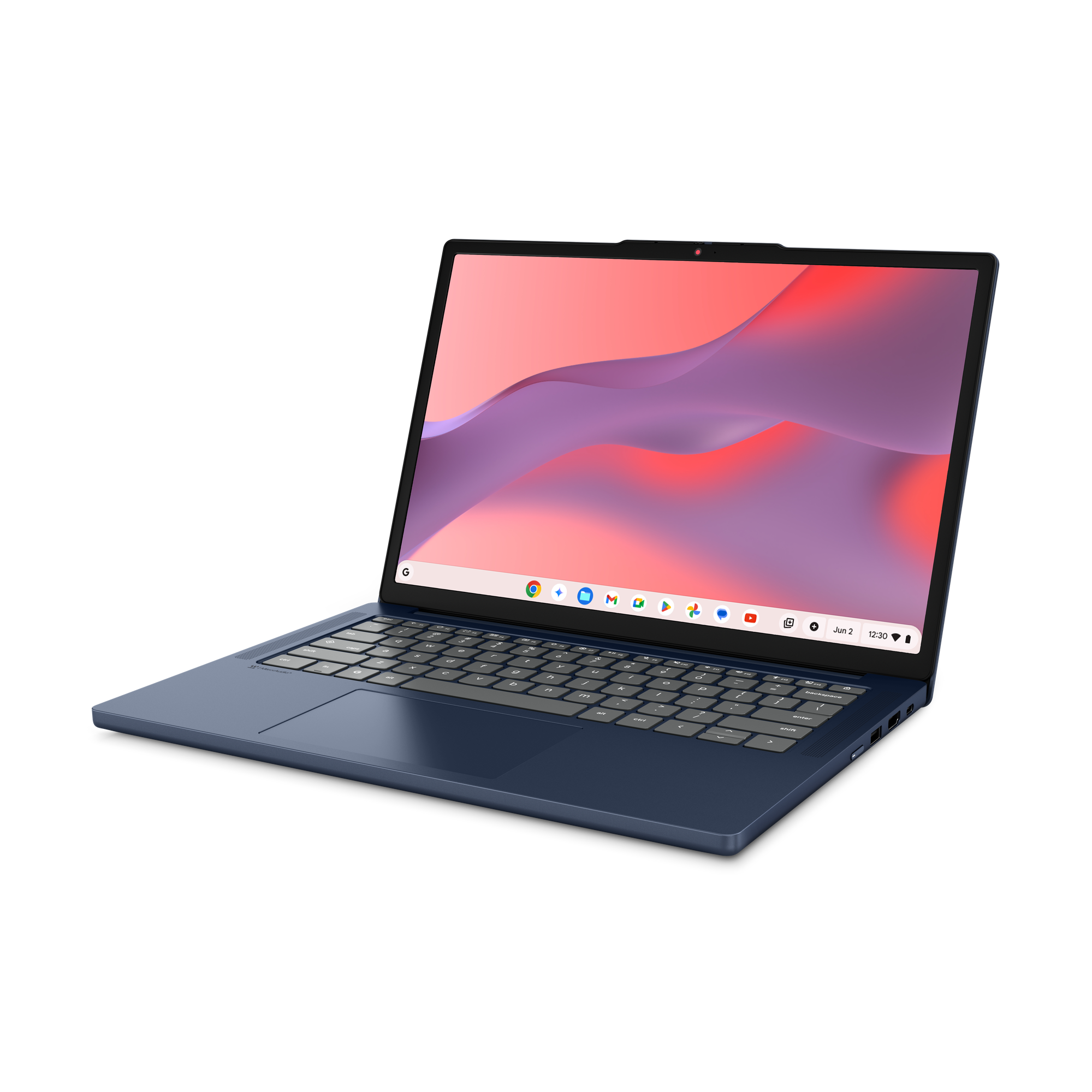 Ein blauer Laptop mit einem farbenfrohen Hintergrund auf dem Bildschirm.