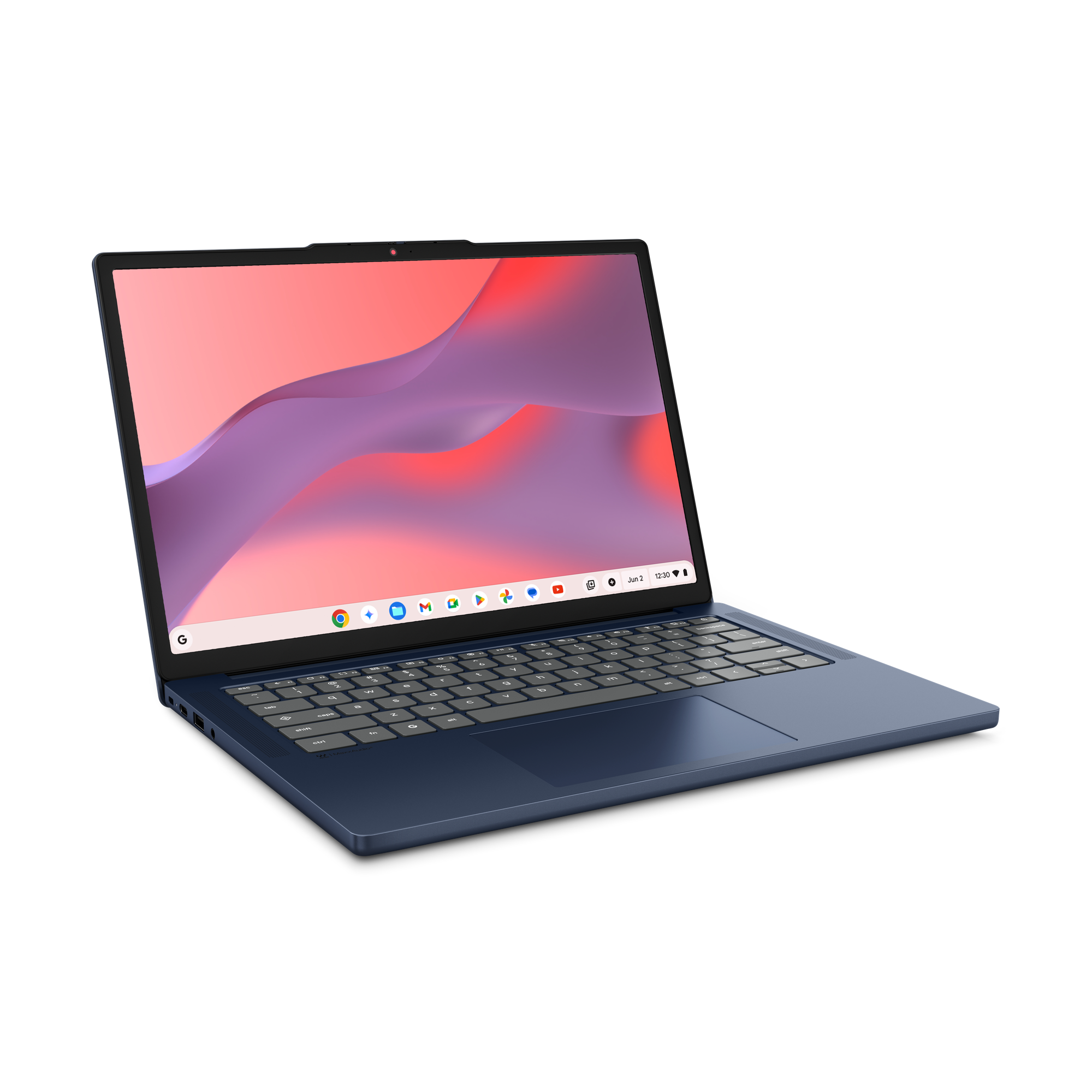 Ein blauer Laptop mit einem abstrakten Hintergrund auf dem Bildschirm.