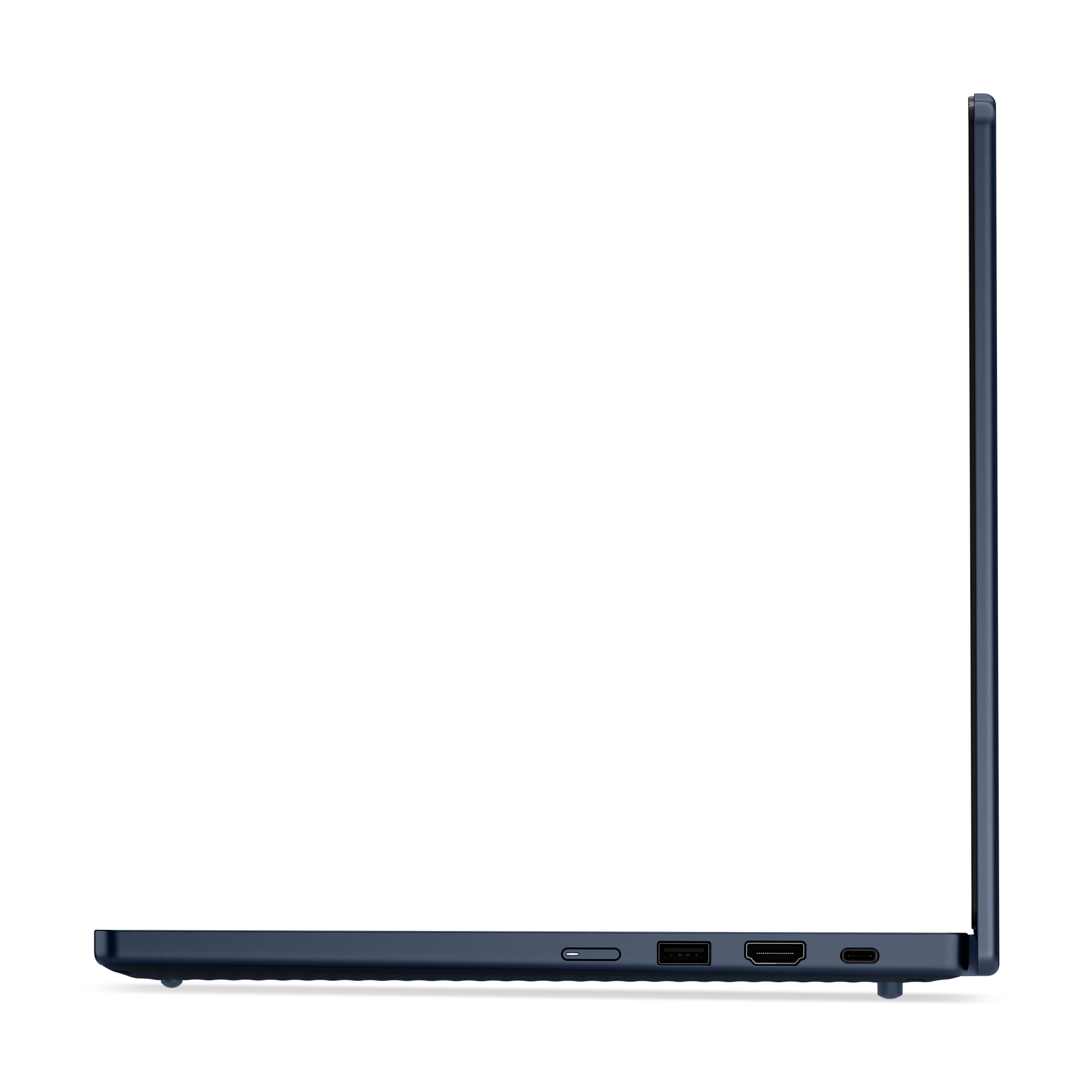 Ein dunkelblaues Laptop im Seitenprofil mit USB-A, HDMI und USB-C Anschlüssen.