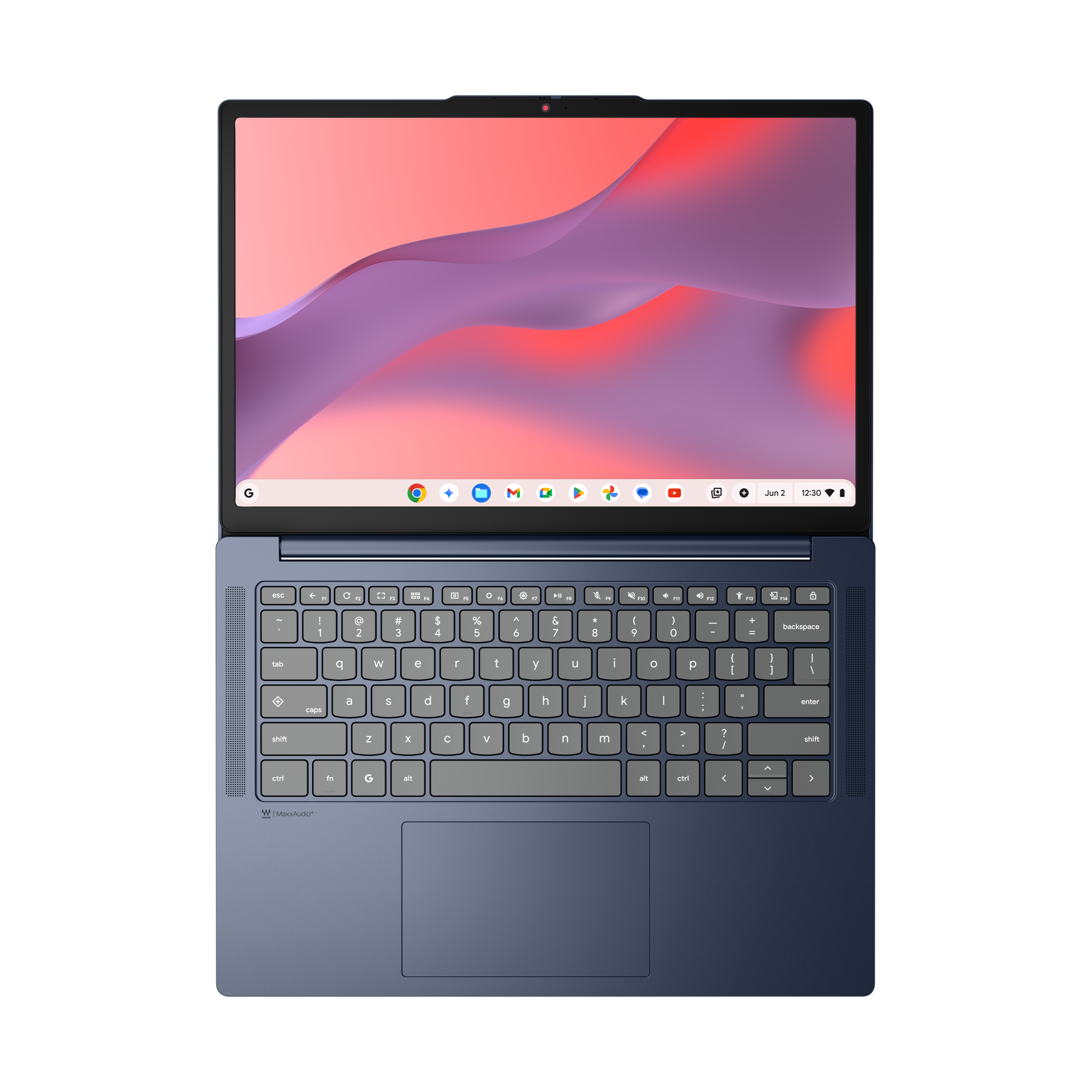 Ein geöffneter blauer Laptop mit einem Hintergrundbild aus rosa und lila Wellen.