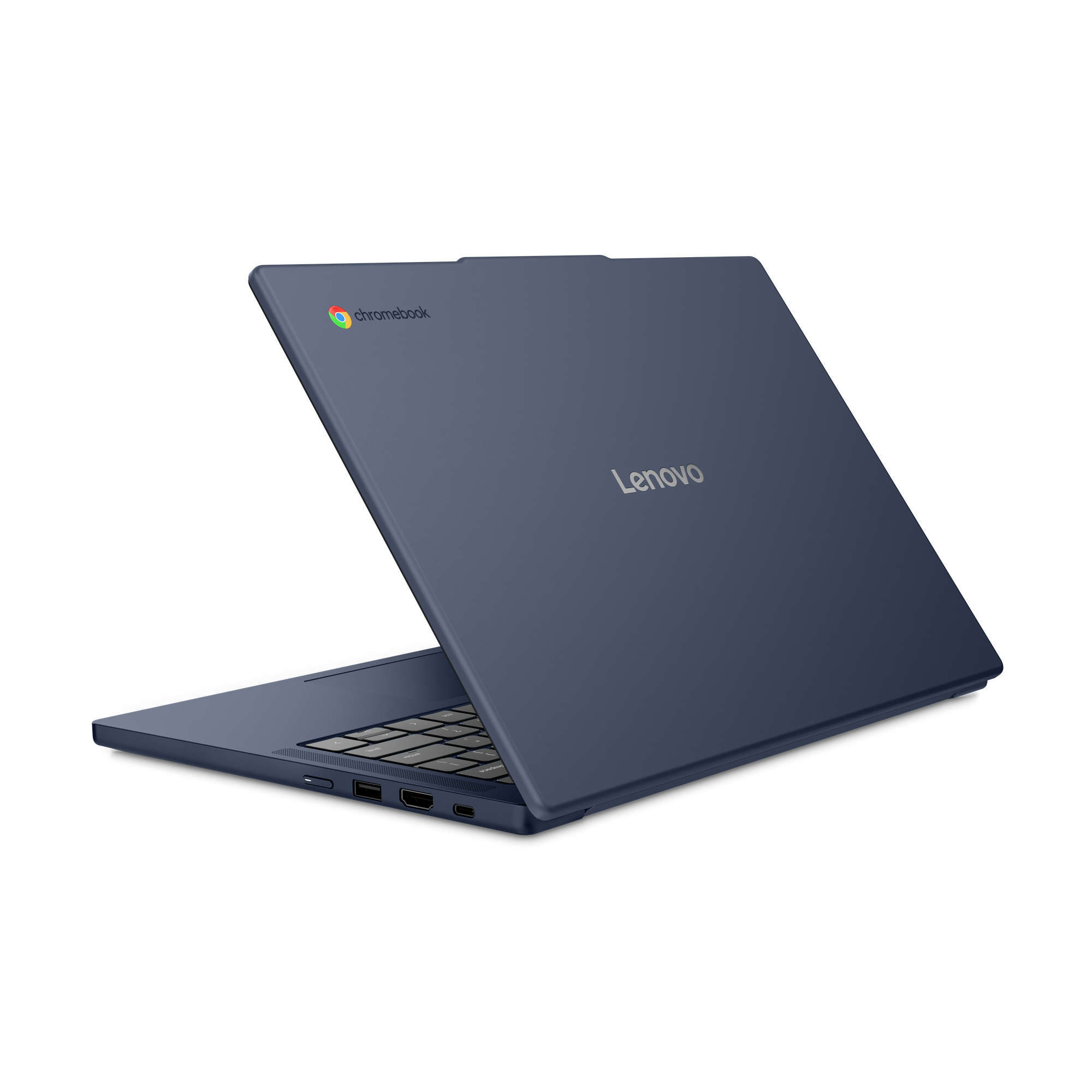 Ein dunkelblauer Lenovo Chromebook mit geöffnetem Deckel und Tastatur.