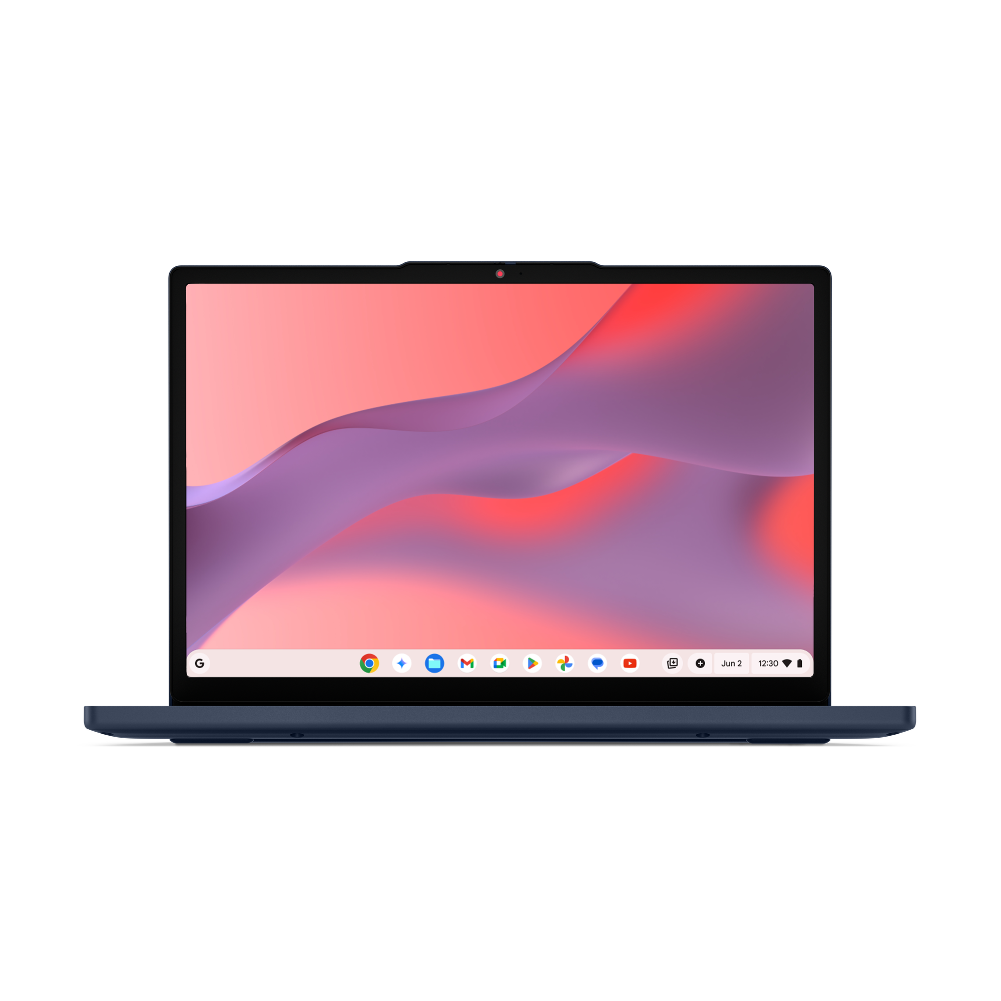 Ein dunkelblauer Laptop mit einem abstrakten rosa und lila Hintergrund.