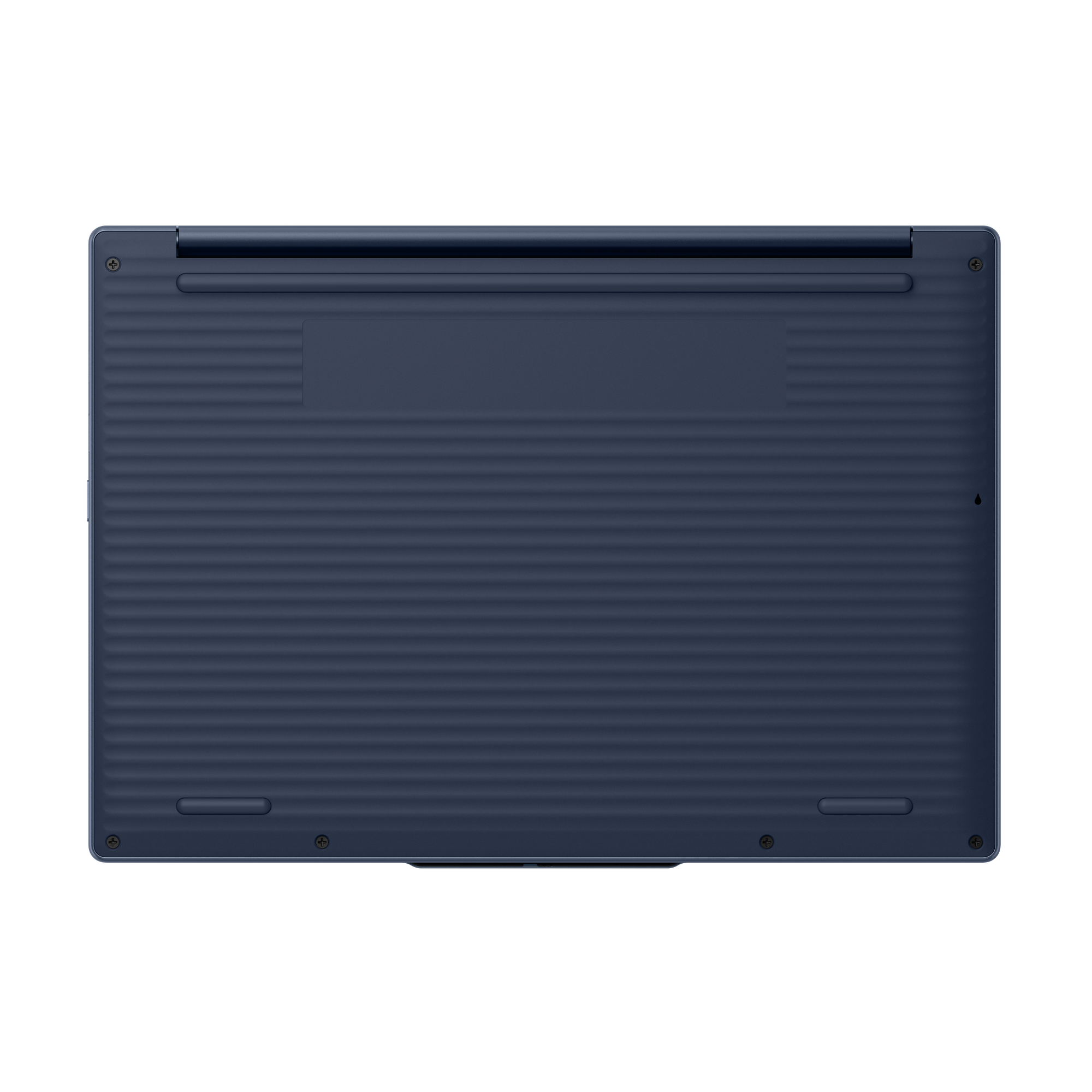 Unterseite eines dunkelblauen Laptops mit Rillenmuster und Schrauben.