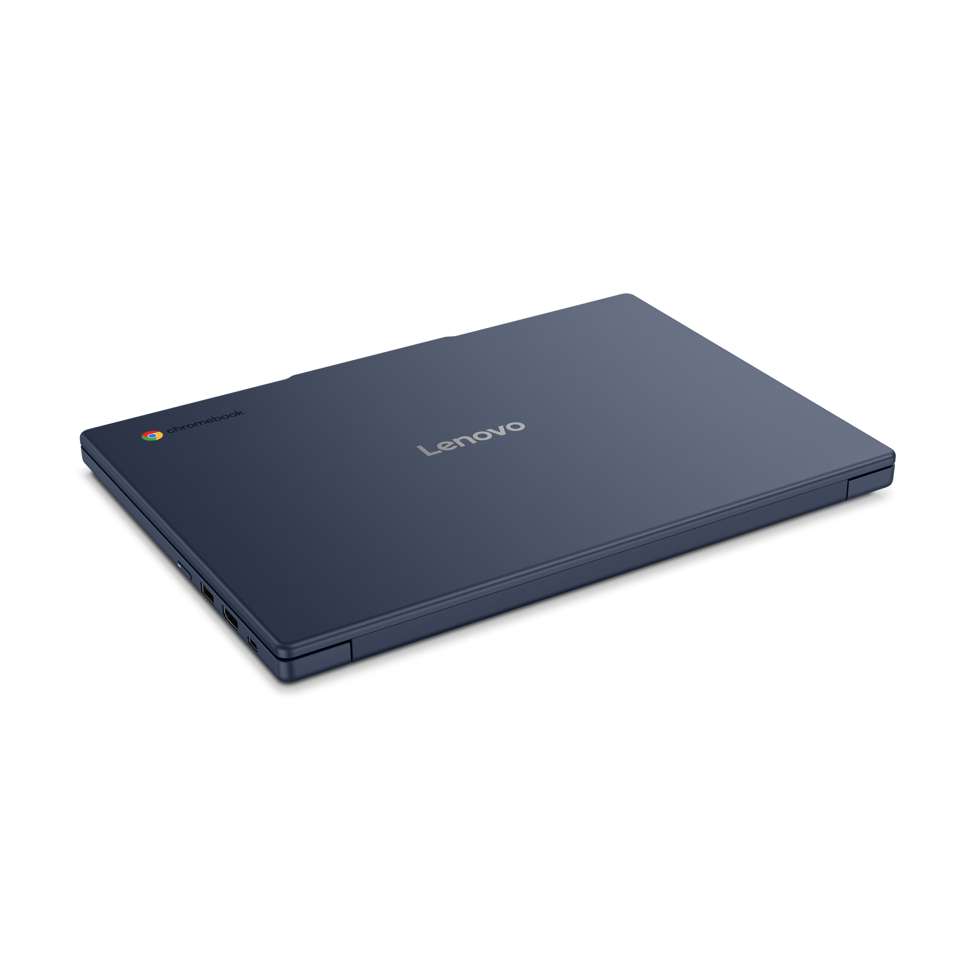 Geschlossener, dunkelblauer Lenovo Chromebook Laptop mit Chromebook-Logo.
