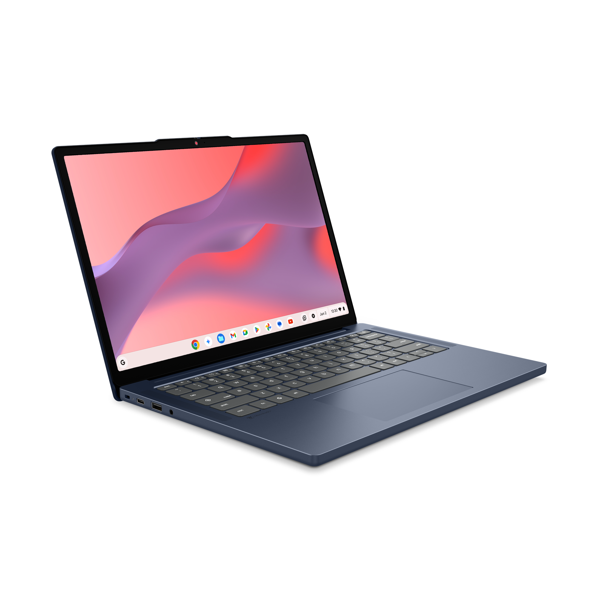 Blauer Laptop mit offenem Display, das ein farbenfrohes Hintergrundbild zeigt.