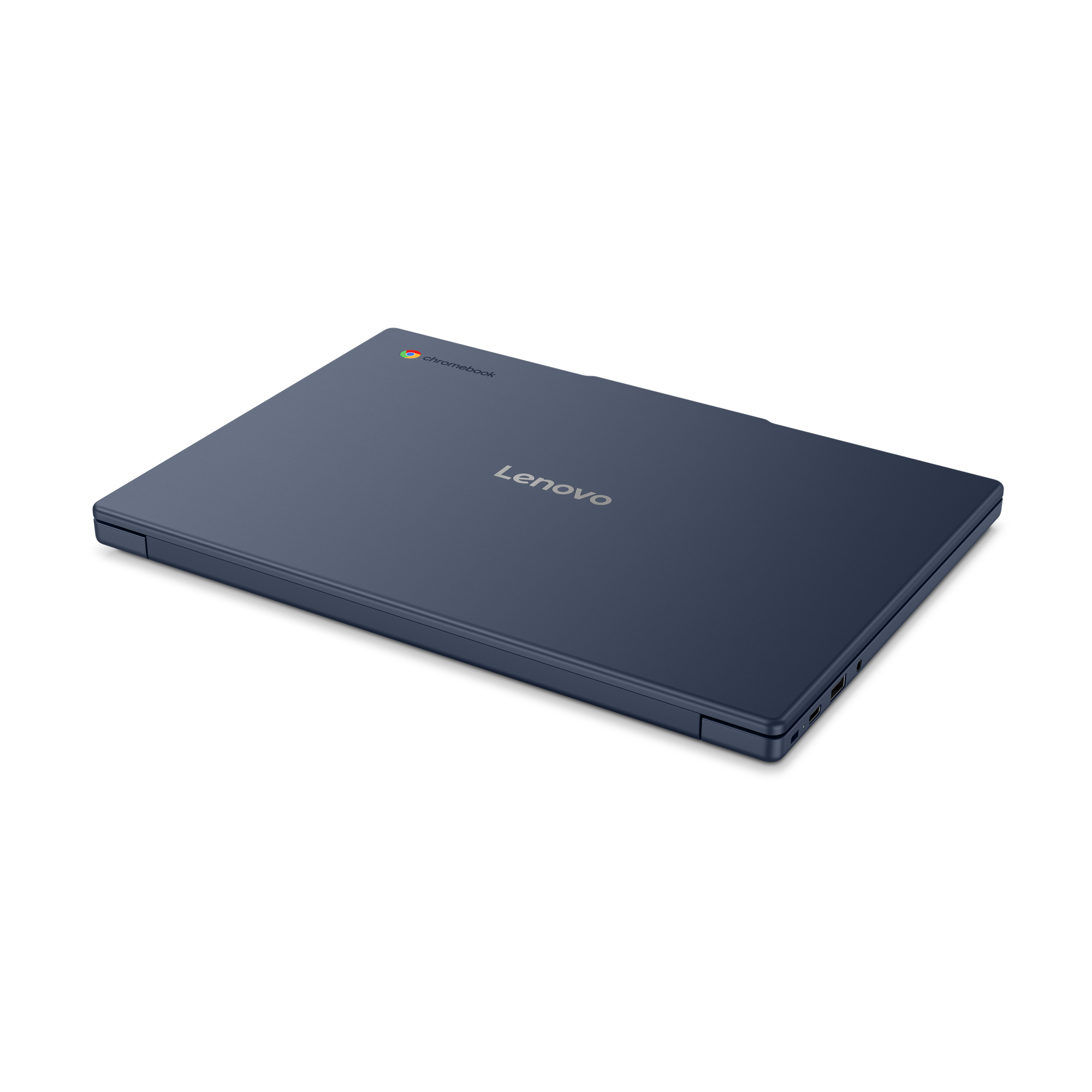 Ein geschlossenes, dunkelblaues Lenovo Chromebook liegt auf schwarzem Hintergrund.