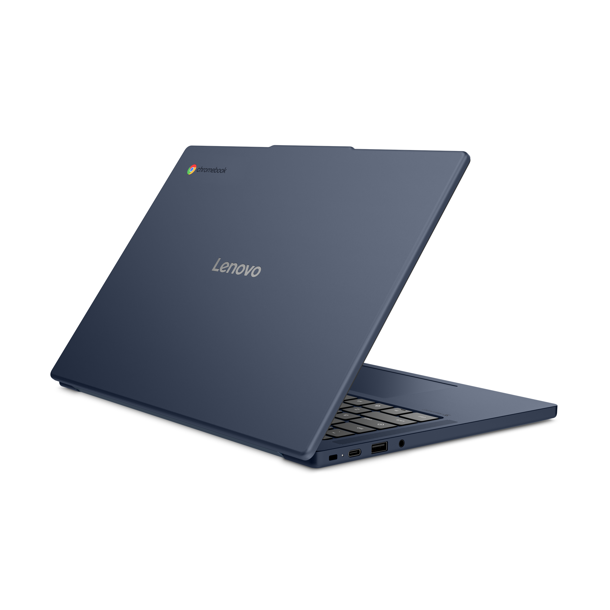 Ein blauer Lenovo Chromebook mit geöffnetem Deckel auf schwarzem Hintergrund.