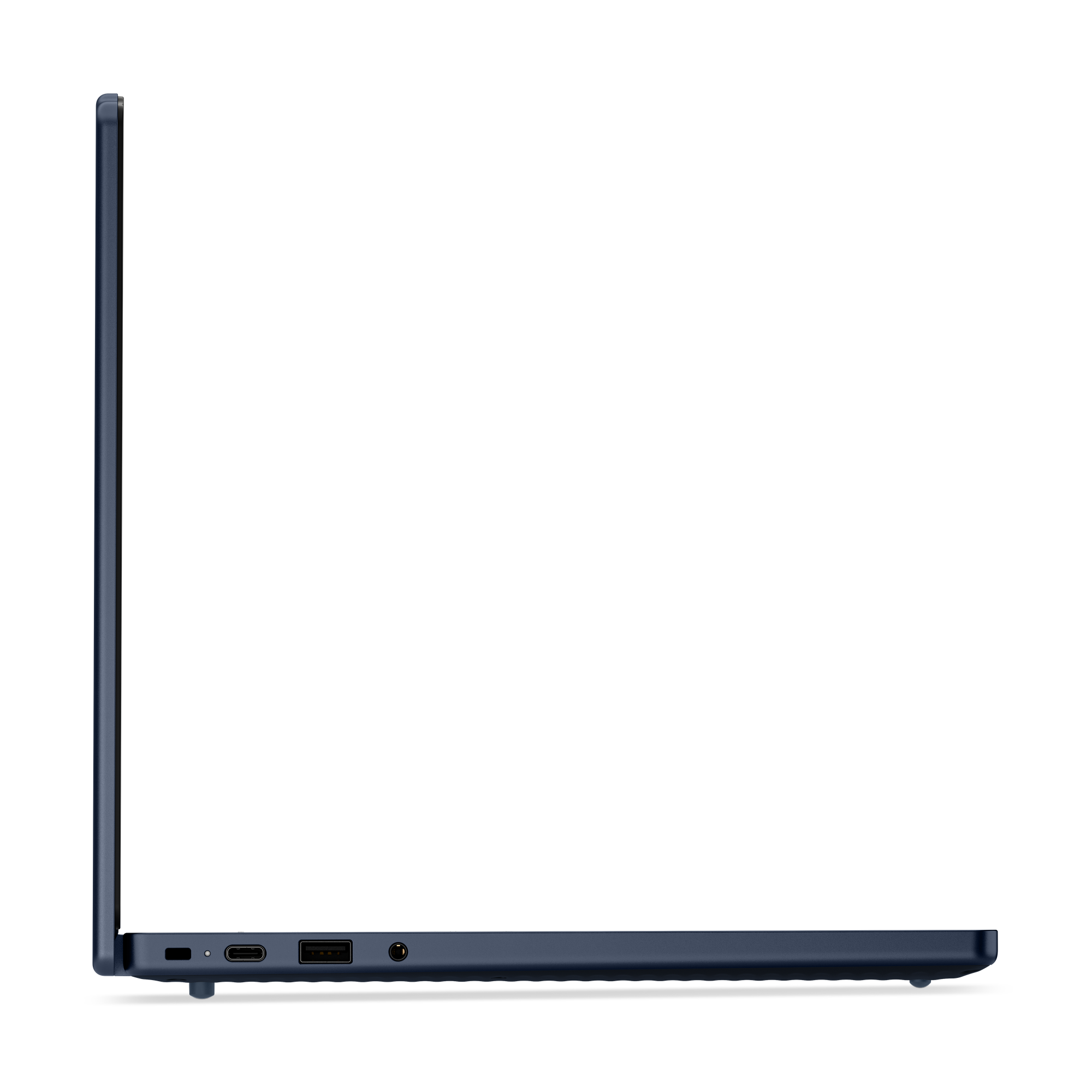 Dunkelblaues Laptop im Profil mit USB-C, USB-A und Kopfhöreranschluss.