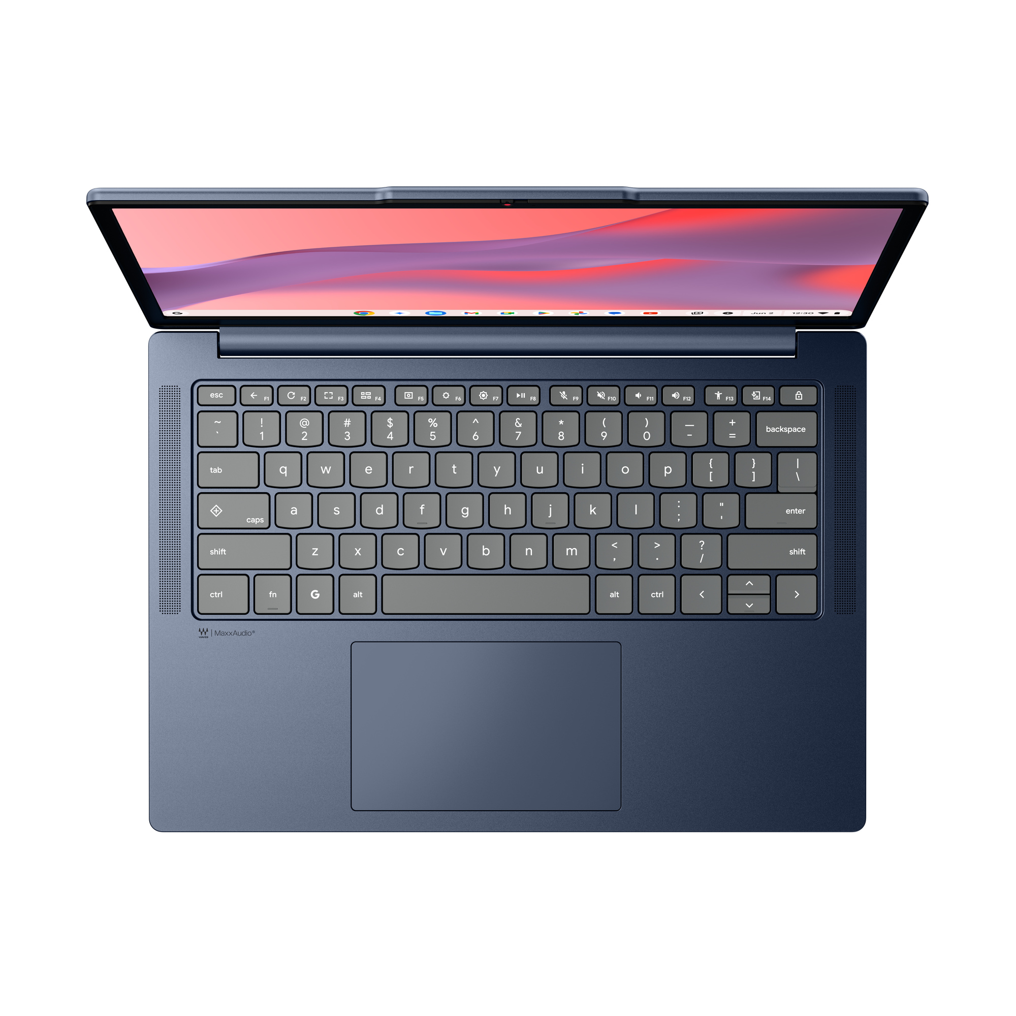 Ein offener, dunkelblauer Laptop mit beleuchtetem Bildschirm und Tastatur.