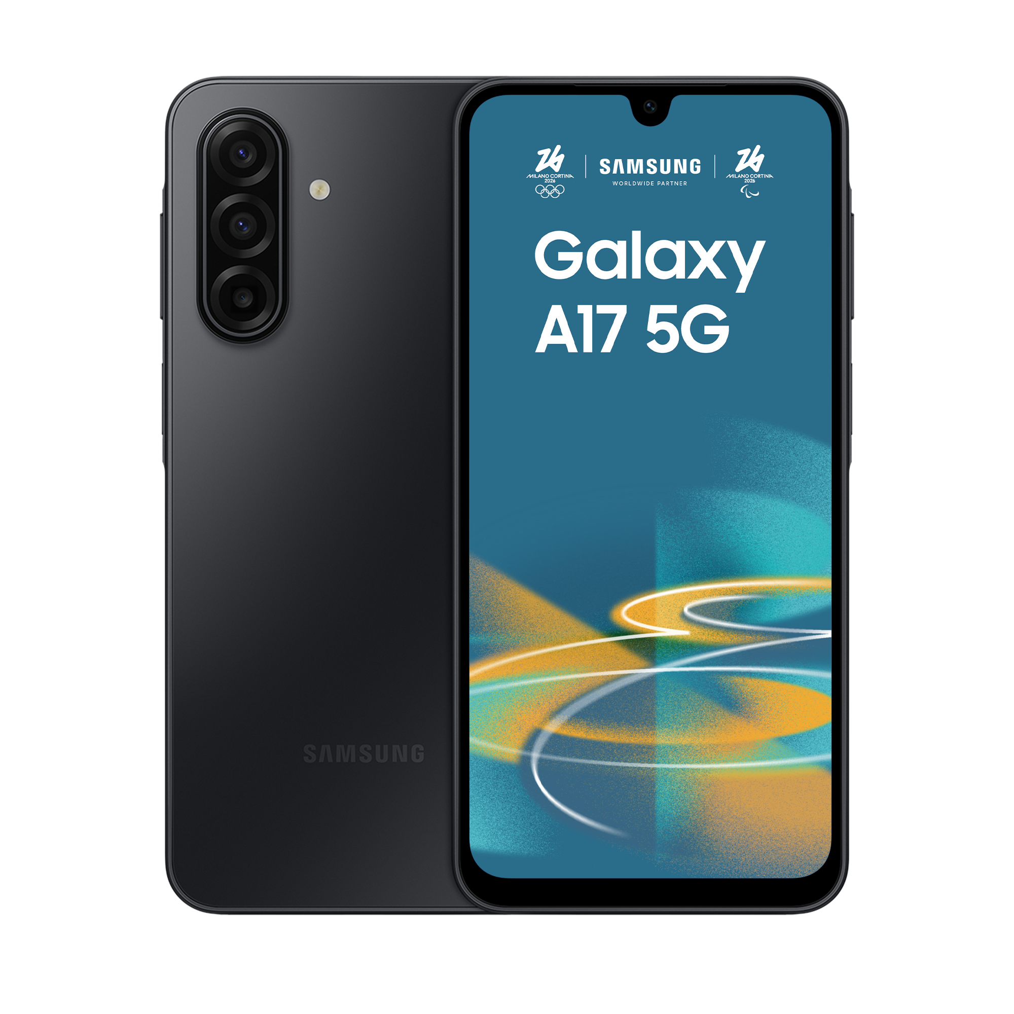 Ein schwarzes Samsung Galaxy A17 5G Smartphone mit drei Kameras auf der Rückseite.