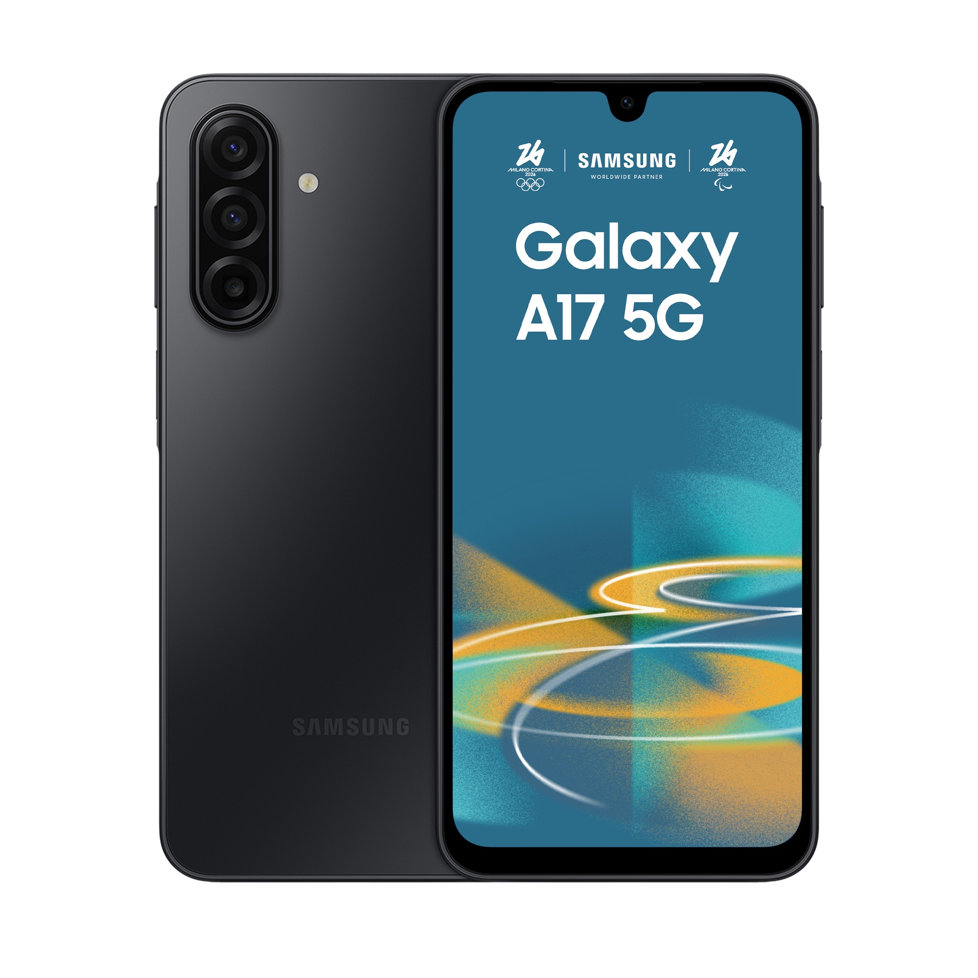 Ein schwarzes Samsung Galaxy A17 5G Smartphone mit drei Kameras auf der Rückseite.