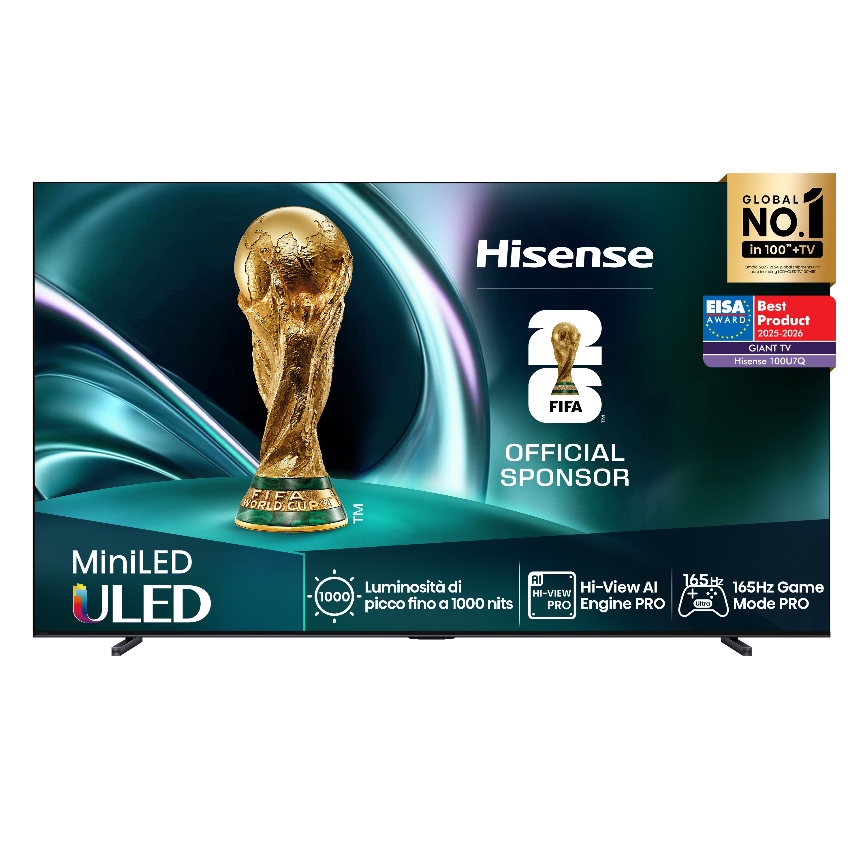 Telewizor Hisense MiniLED ULED z pucharem Mistrzostw Świata FIFA, 'Global No.1' i EISA Award.