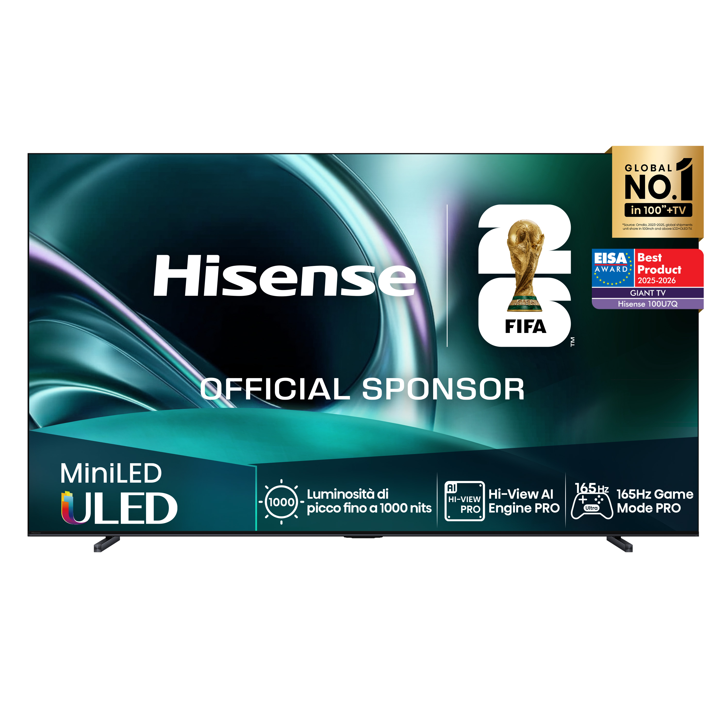 Telewizor Hisense MiniLED ULED z logo FIFA i nagrodami.