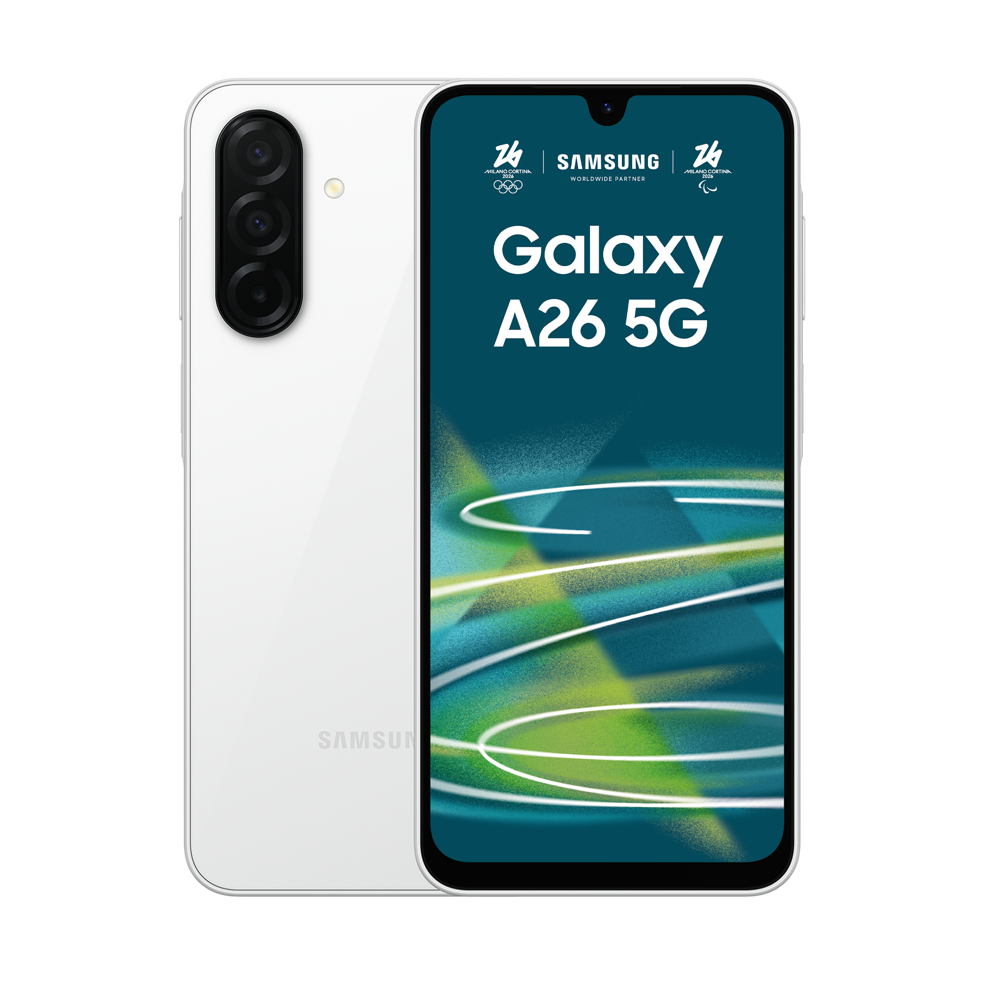 Biały Samsung Galaxy A26 5G z logo Milano Cortina 2026.