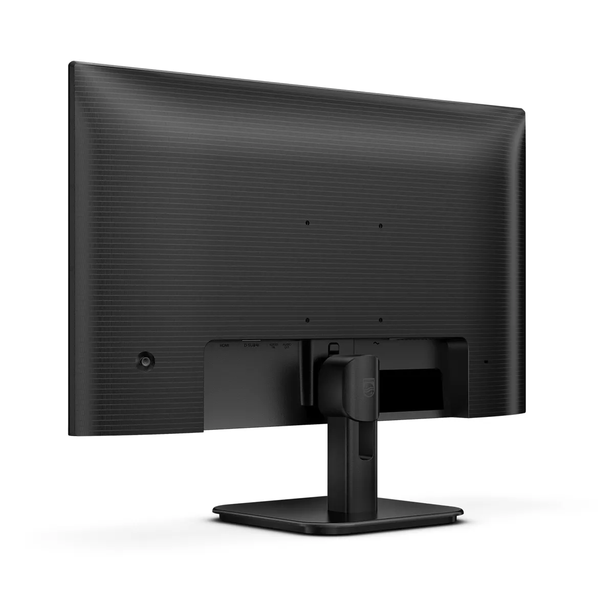 Rückansicht eines schwarzen Computermonitors mit Anschlüssen und Ständer.