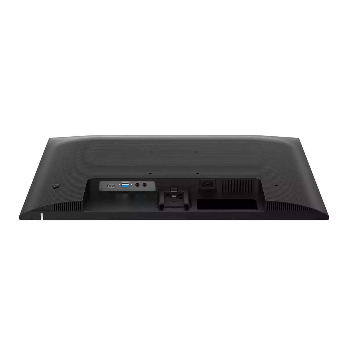 Rückseite eines schwarzen Monitors mit Anschlüssen wie VGA, Audio und Strom.