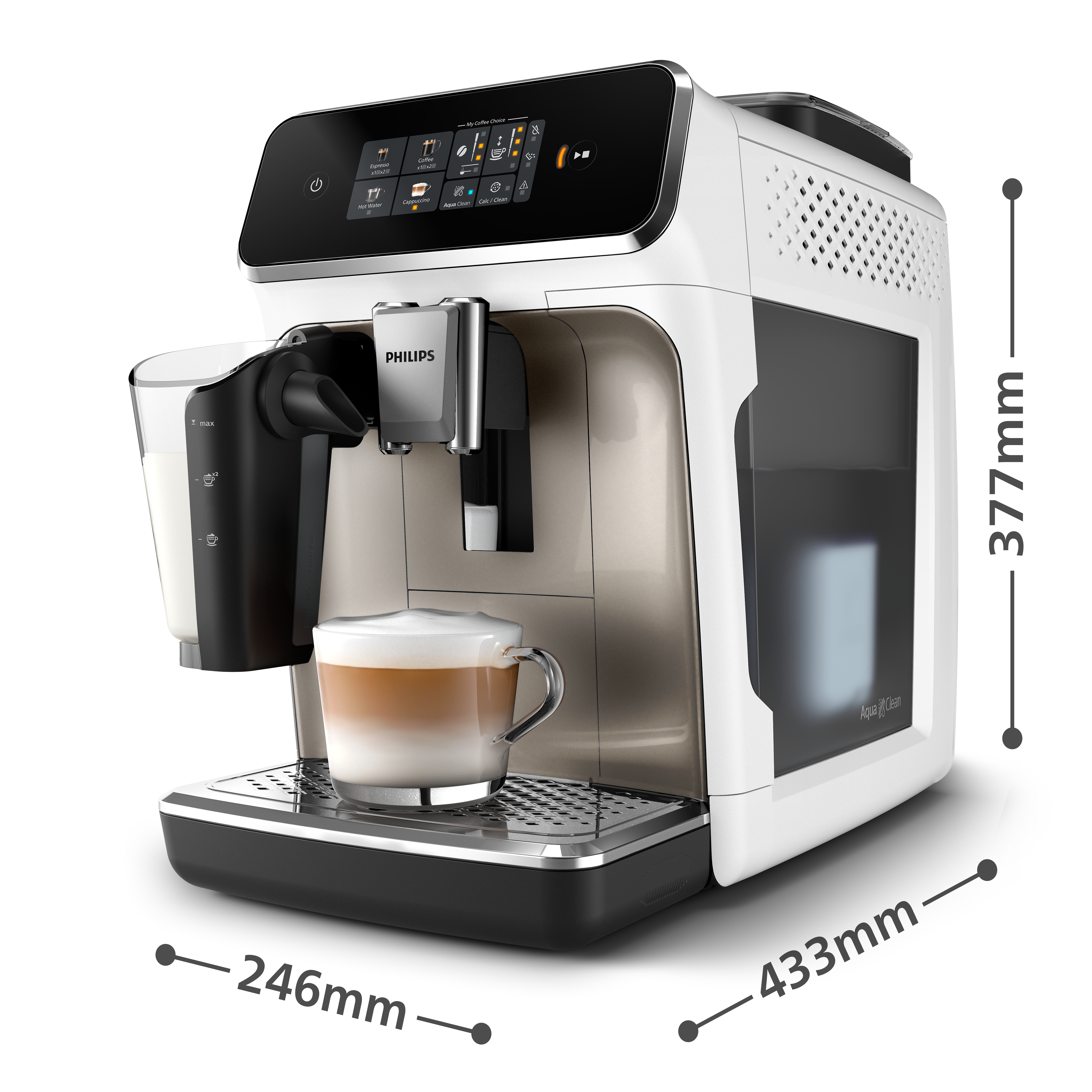 Fehér Philips kávéfőző tejtartóval és kész latte macchiatóval.