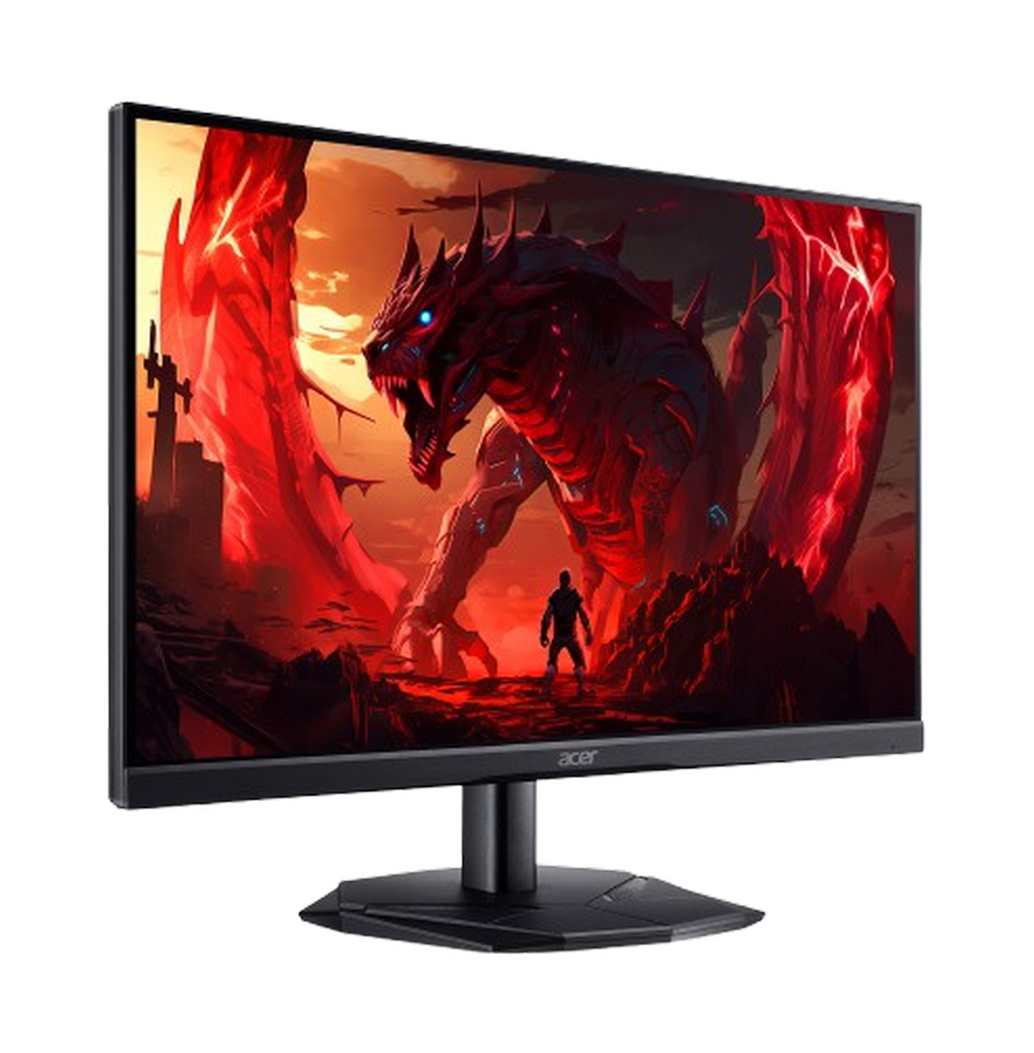 Un jugador frente a un dragón rojo en pantalla oscura con logo de Acer.