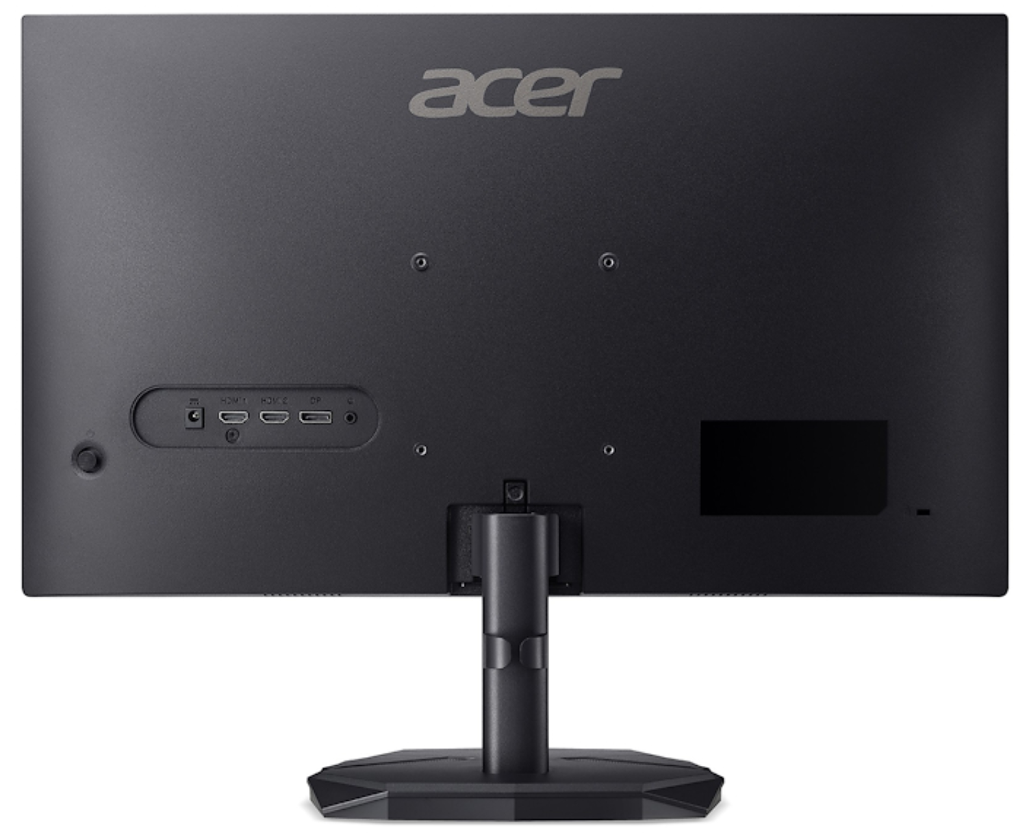 Parte trasera de un monitor Acer negro mostrando puertos: Encendido, HDMI 1, HDMI 2, DP.