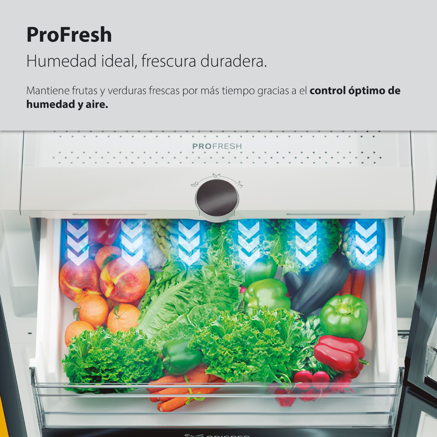 Cajón de frutas y verduras, flechas azules de flujo de aire.